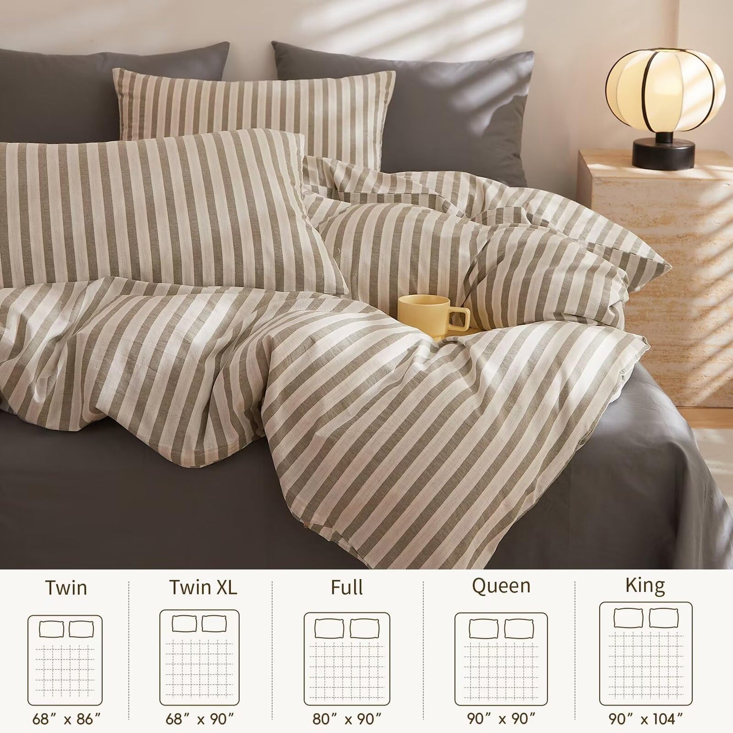 AMZTOP Soft Cotton King Size Duvet Cover Set 3 Pcs,1 Duvet Cover and 2 Pillowcases,100% Washed Cotton Grey Striped Design Bed Set,Zipper Closure Comforter Covers King Size 104"×90"