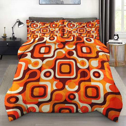 Pamnest Comforter Set Queen Size, 70S Retro Orange Soft Bedding for Kids and Adults, Abstract Brown Yellow Beige Comforter Set with 2 Pillowcases for Bedroom Bed Decor