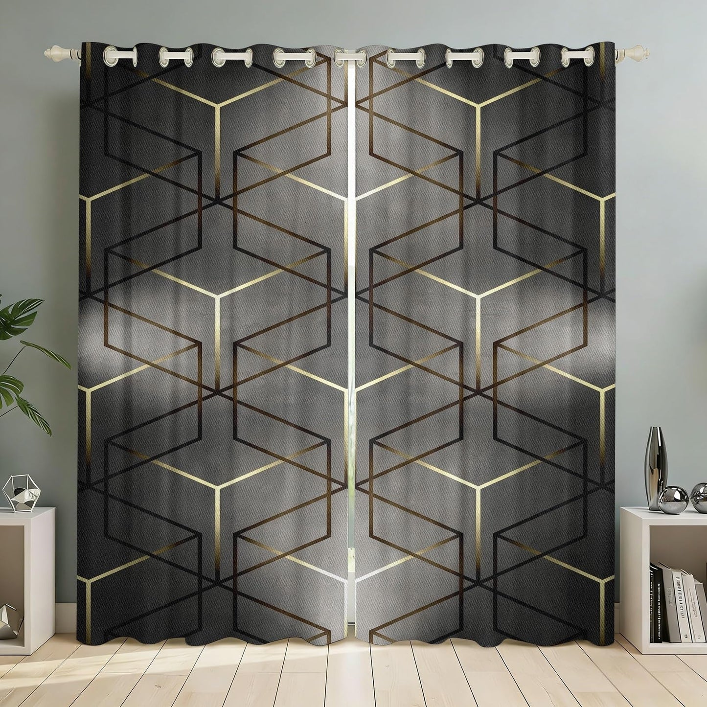 MBVZGUK Geometric Grey Room Darkening Curtains 84 Inch Long 2 Panels, Abstract Geometry Gold Foil Metallic Print Grommet Curtains & Drapes for Bedroom, Diamond Hexagon Window Treatments