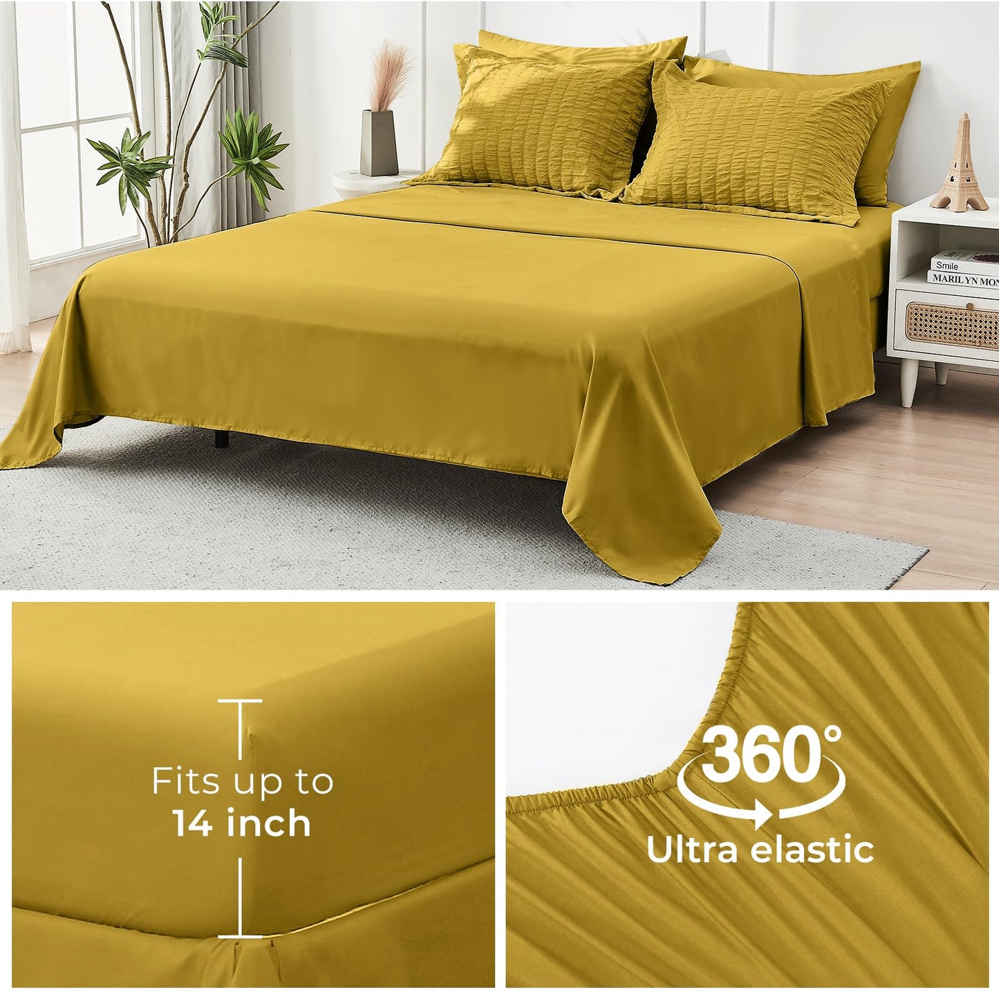 HYMOKEGE Mustard Yellow Twin Comforter Set Seersucker 5 Pieces, All Season Luxury Bed in a Bag for Bedroom, Bedding Set with Comforter, Sheets, Pillowcase & Sham