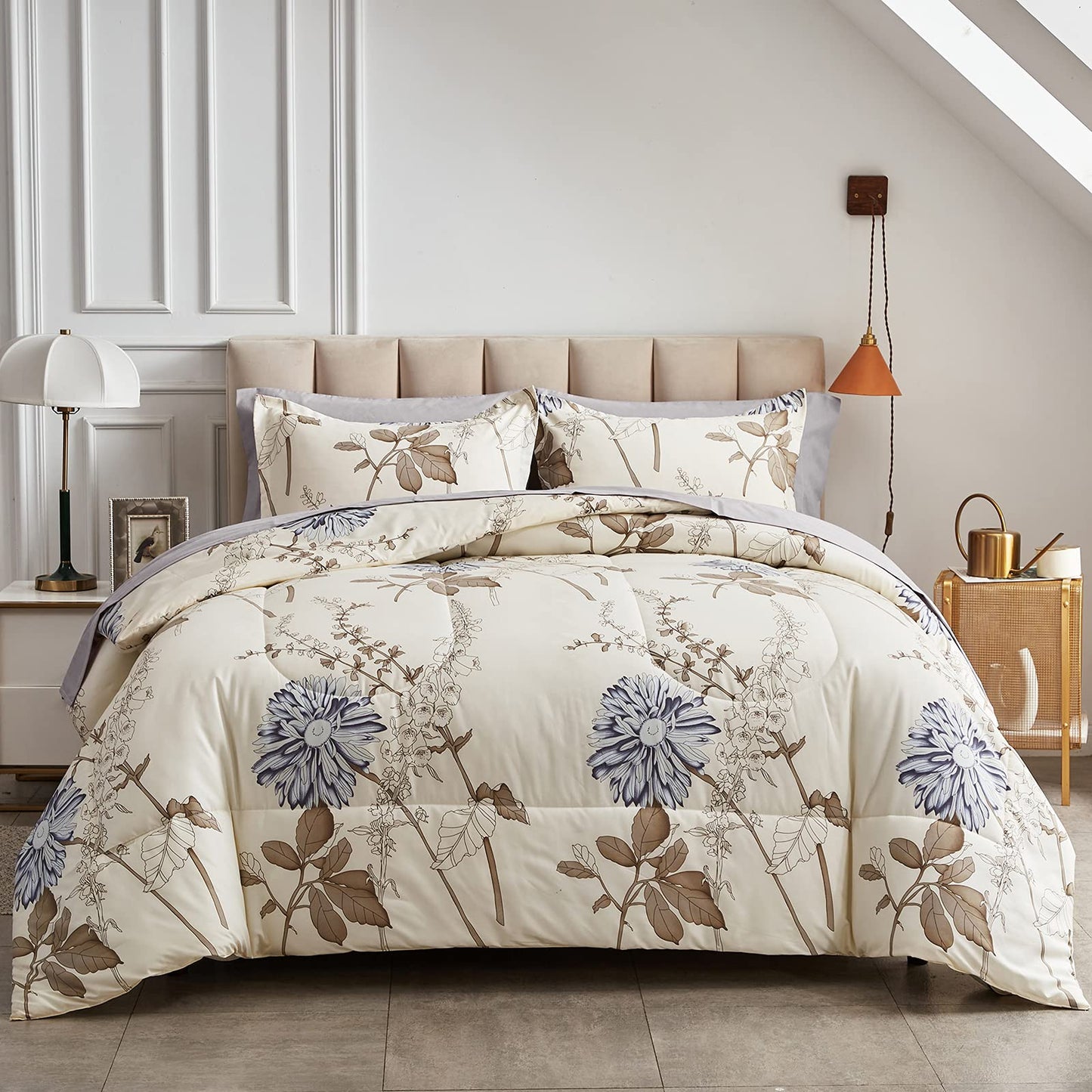 Joyreap 6 Piece Bed in a Bag Twin, Elegant Flower Botanical Smooth Soft Microfiber Floral Comforter Set for All Season (1 Comforter, 2 Pillow Shams, 1 Flat Sheet, 1 Fitted Sheet, 1 Pillowcase)