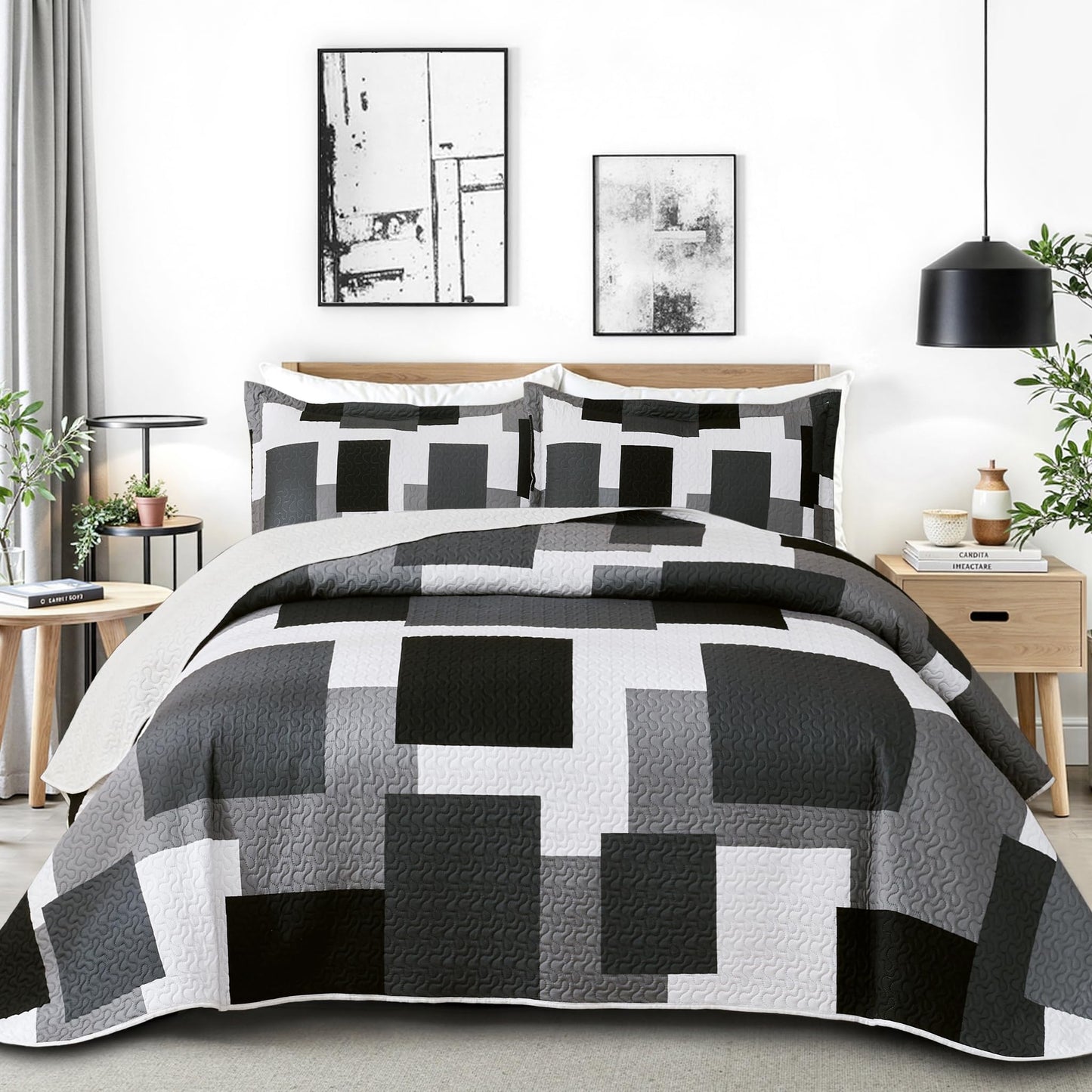 Tyrot 3 Piece Black Grey Quilt Set Full/Queen Size Black White Geometric Reversible Bedding Set Microfiber Lightweight Bedspread Coverlet with 2 Shams Modern Bed Covers for All Season, 90''x96''