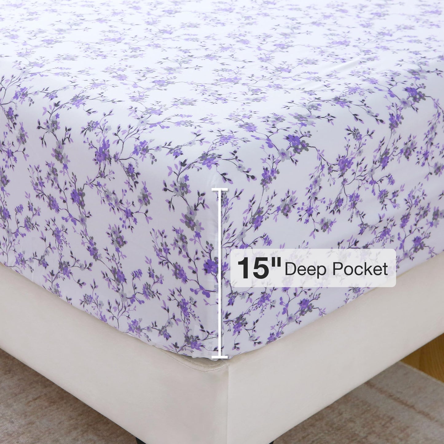 Viviland Floral Queen Sheet Set - 4 Piece Purple Lavender Botanical Patterned Bed Sheets - Soft, Breathable Microfiber Sheets with Deep Pocket, Non-Slip Fitted Sheets & Pillowcases