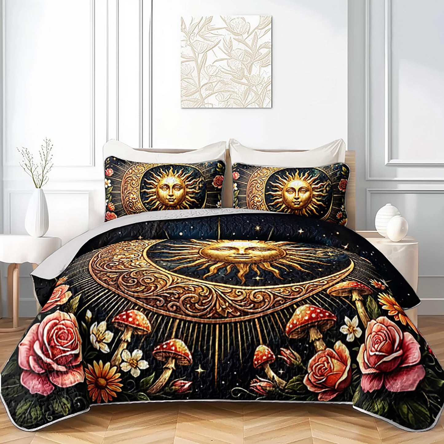 UEVBF Golden Sun and Moon Quilts Set Queen Size,3Pcs Fantasy Flowers and Mushrooms Bedspread for Kids Adults Girls Women Room Decor,Exotic Bohemian Style Bedding Sets with 2 Pillowcases.