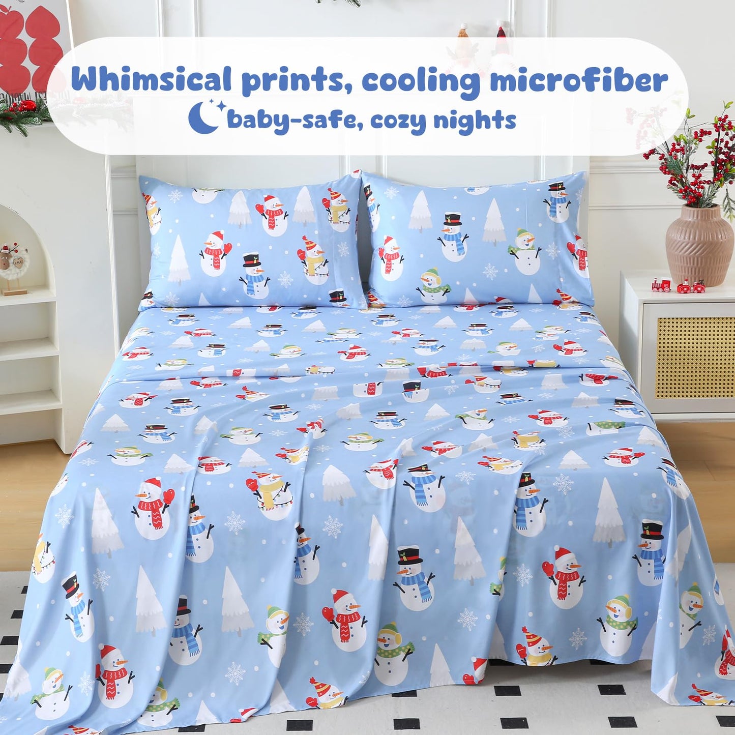 LONAVA Twin Sheet Set Kids - 3 Pieces Soft Microfiber Cartoon Style Bedsheets for Boys Girls Teens, Oeko TEX, Breathable Deep Pocket Sheets, (Snow Man)
