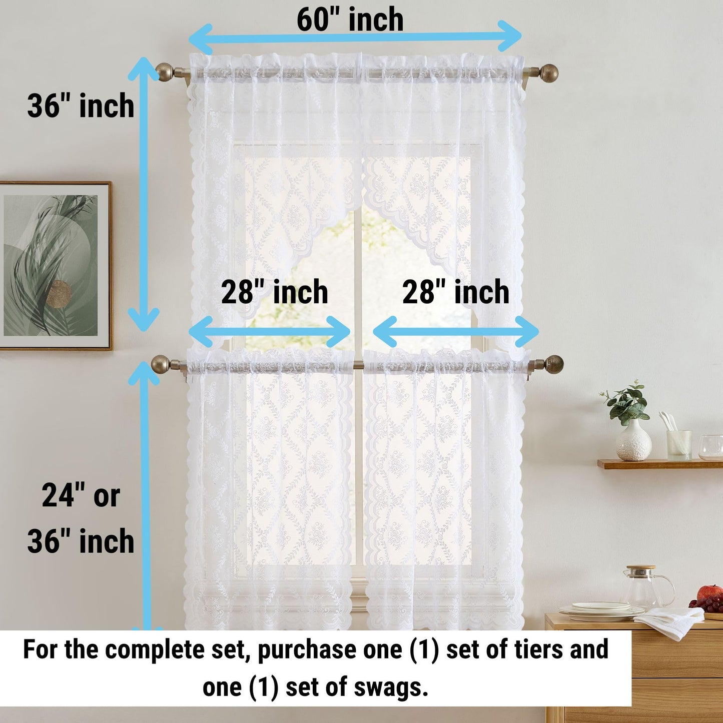 HLC.ME Isabella Floral Rod Pocket Lace Semi Sheer Voile Short Cafe Tiers for Small Windows - 28 x 36 Inch Length (White Tiers, Set of 2)