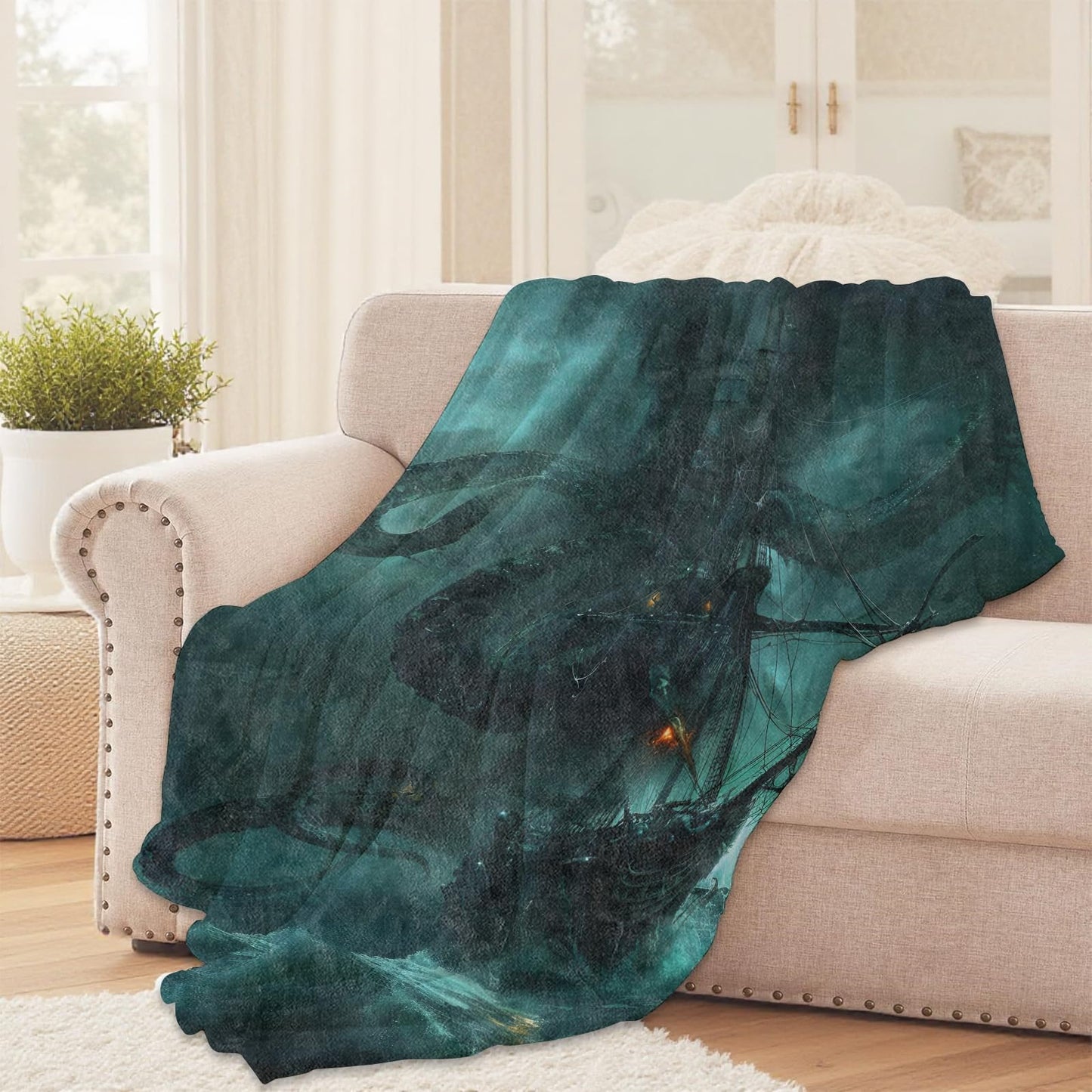 Kraken Pirate Ship Throw Blanket for Girls Boys Kids Adults, 50x60 in, Cozy Flannel Blanket for Bedroom, Camping, Couch, Room Decor, Fuzzy Warm Soft Gifts