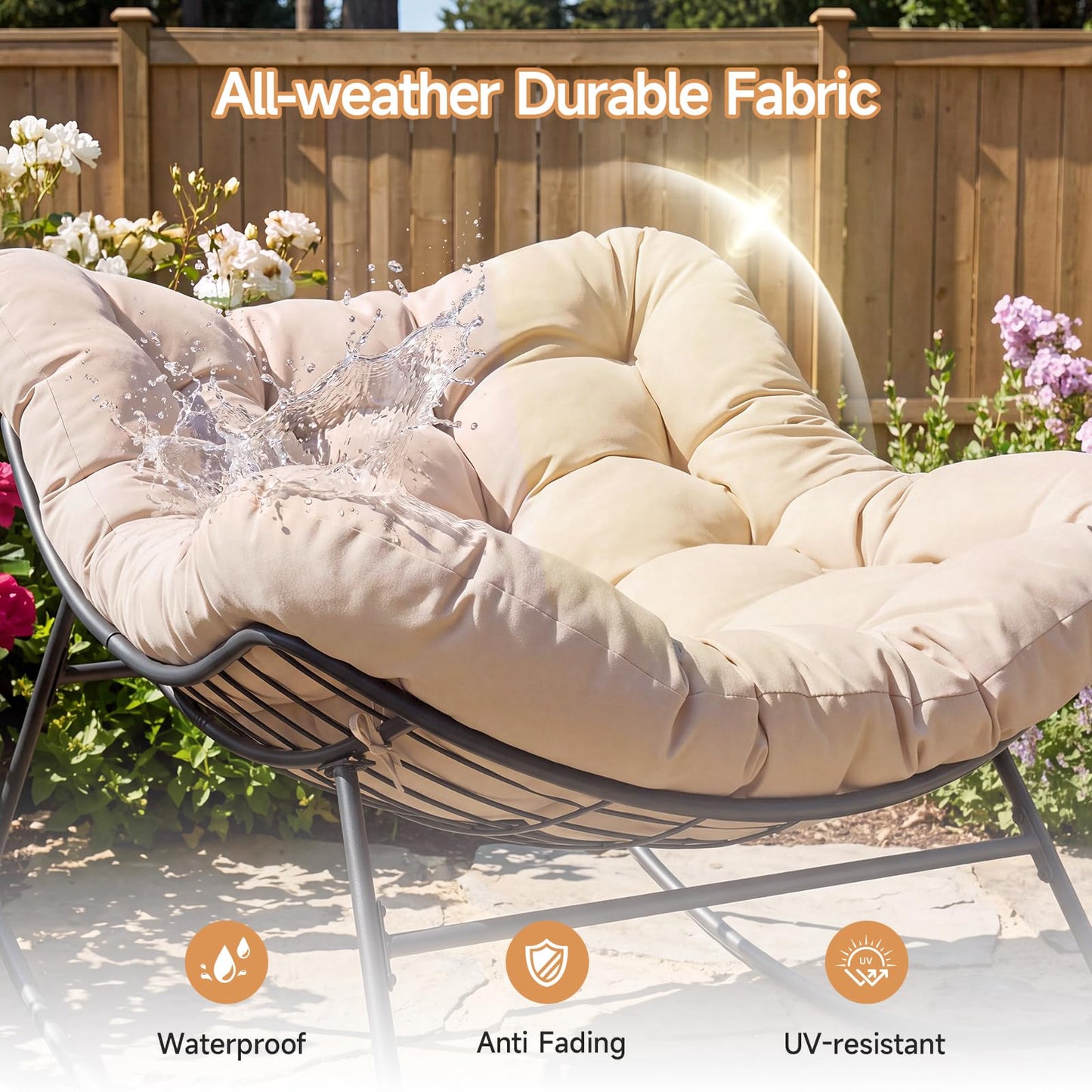 Dovov Outdoor Papasan Rocking Chair, Oversized Rocking Chair with Thickened Cushion, 450 lbs Heavy Duty Comfy Patio Egg Chair, Oversized Outdoor Rocker Chair for Porch Garden Balcony Indoor, Beige