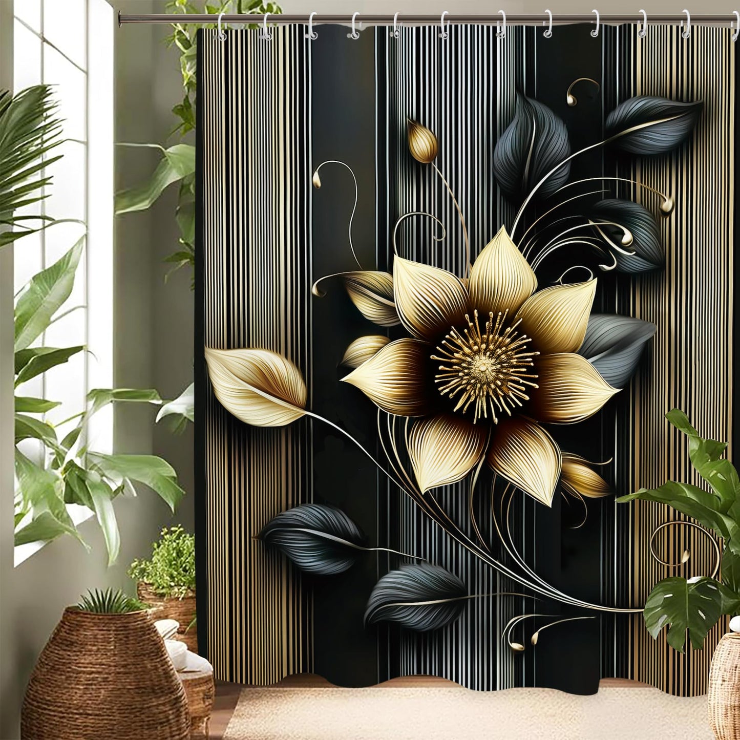 Glioown Black Golden Lotus Shower Curtain 60Wx71L, Flower Botanical Plant Shower Curtains for Bathroom Decor, Blossom Shower Curtain Set Home Decor 12 Pack Hooks