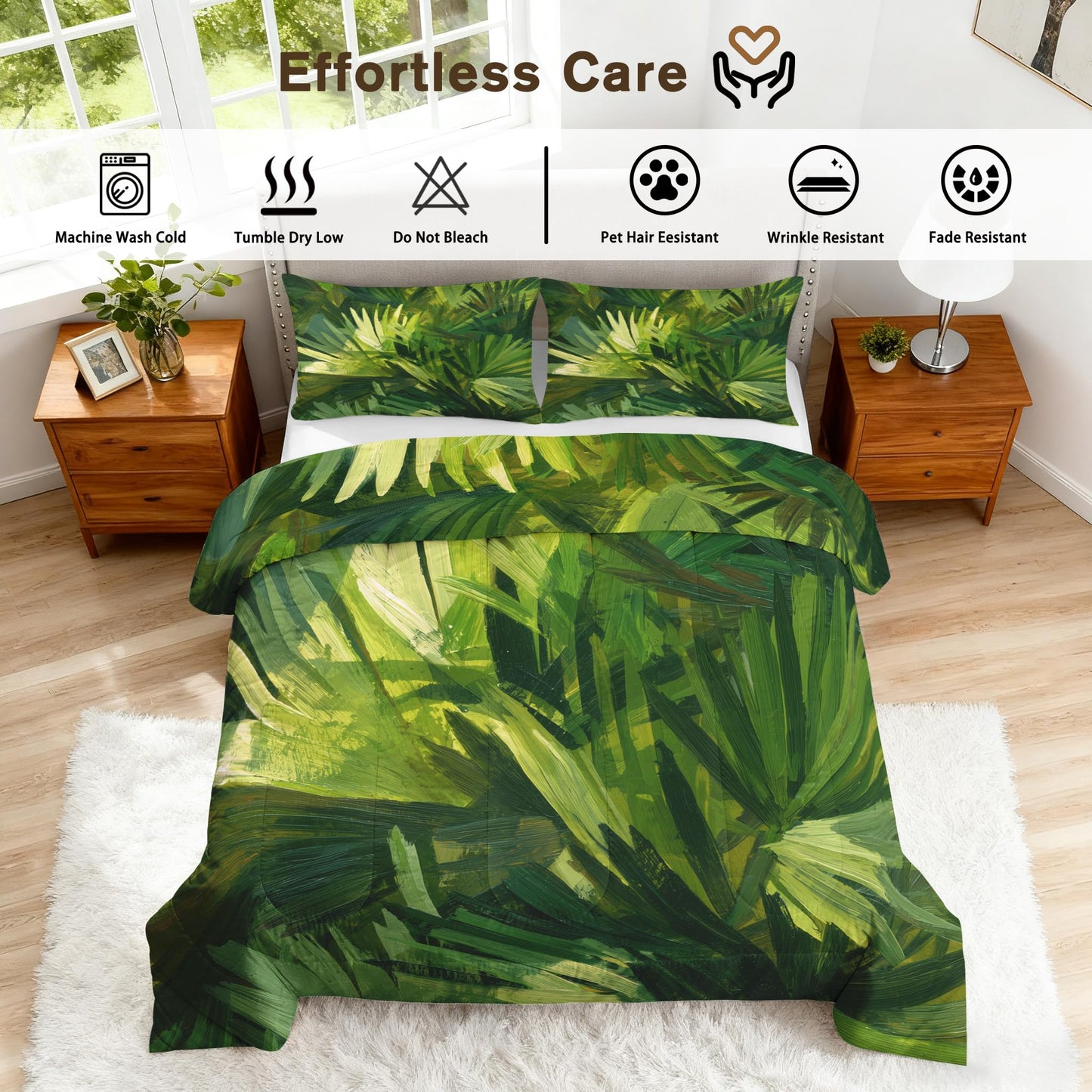 Palm Leaf Comforter Set King Size 3Pc, Tropical Plant Pattern Down Alternative Bed Comforter, 2 Pillow Shams, Soft All Season Bedding, Palm Leaf Bedroom Decor