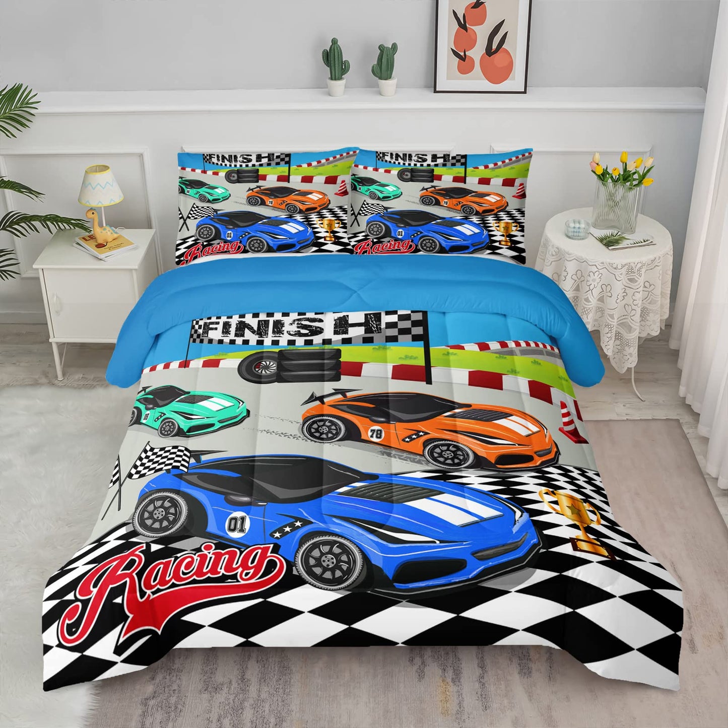 Axolotl Racing Car Bedding Set Twin,Cool Speed Race Car Down Comforter for Kids Boys Girls Teens,Car Theme Quilt with Three Cars Arrive at Finish,1 Comforter and 2 Pillowcases