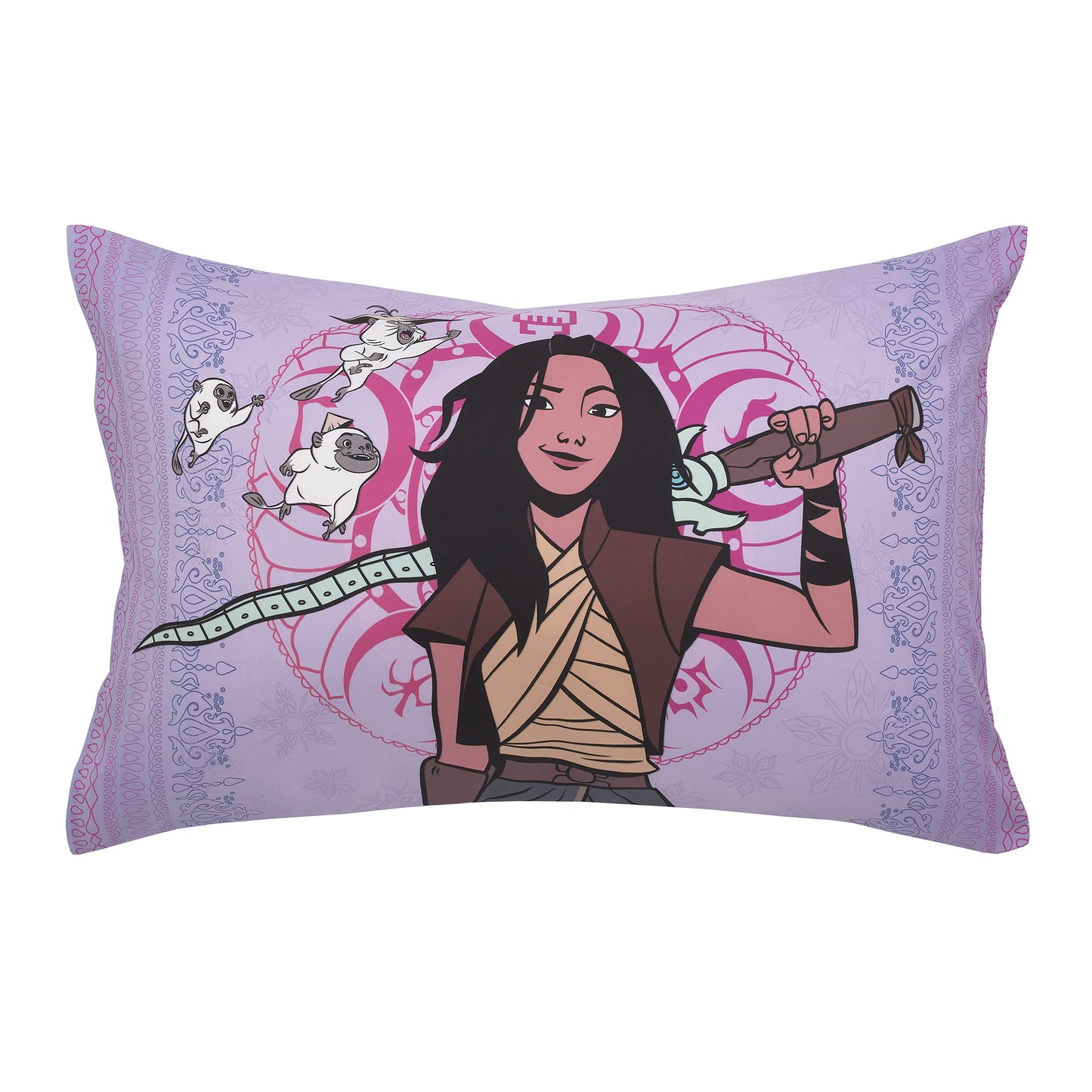 Disney Raya and The Last Dragon Mythic Pop Lavender, Magenta, and Blue with Sisu Dragon and Tuktuk 4 Piece Toddler Bed Set - Comforter, Fitted Bottom Sheet, Flat Top Sheet, and Reversible Pillowcase