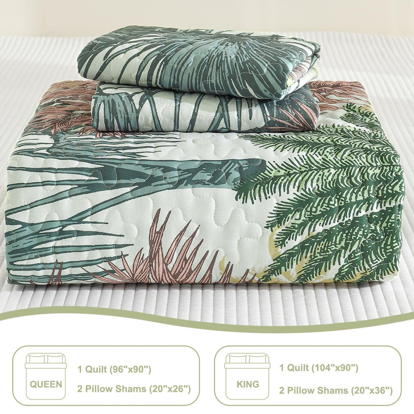 Luxudecor Tropical Plants Quilt Set King Size 3 Pieces Green and Brown Palm Botanical Bedspread Rainforest Style Bedding Set Soft Lightweight Bed Cover All Season 104"x90"