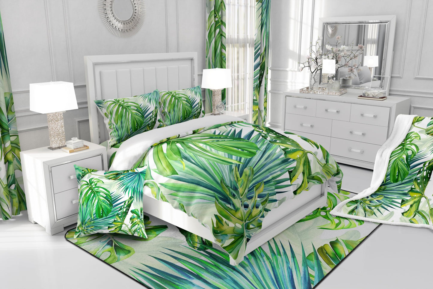 Erosebridal Tropical Bedding Tree Duvet Cover Set King Size Green Plant Palm Leaves Comforter Cover 3PC Jungle Botanical Leaf Duvet Cover+ 2 Pillow Shams for Kids Adult Room Decor