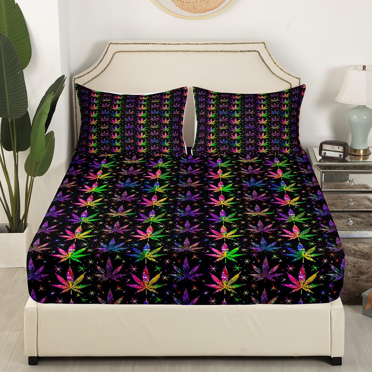 Shiny Cannabis Leaves Bed Sheet Set Twin Size,Colorful Marijuana Leaves Fitted Sheet + 1 Flat + 1 Pillow Sham,Boho Botanical Rainbow Bedding Set for Kids Boys Bedroom Xmas Gift, Soft Fabric
