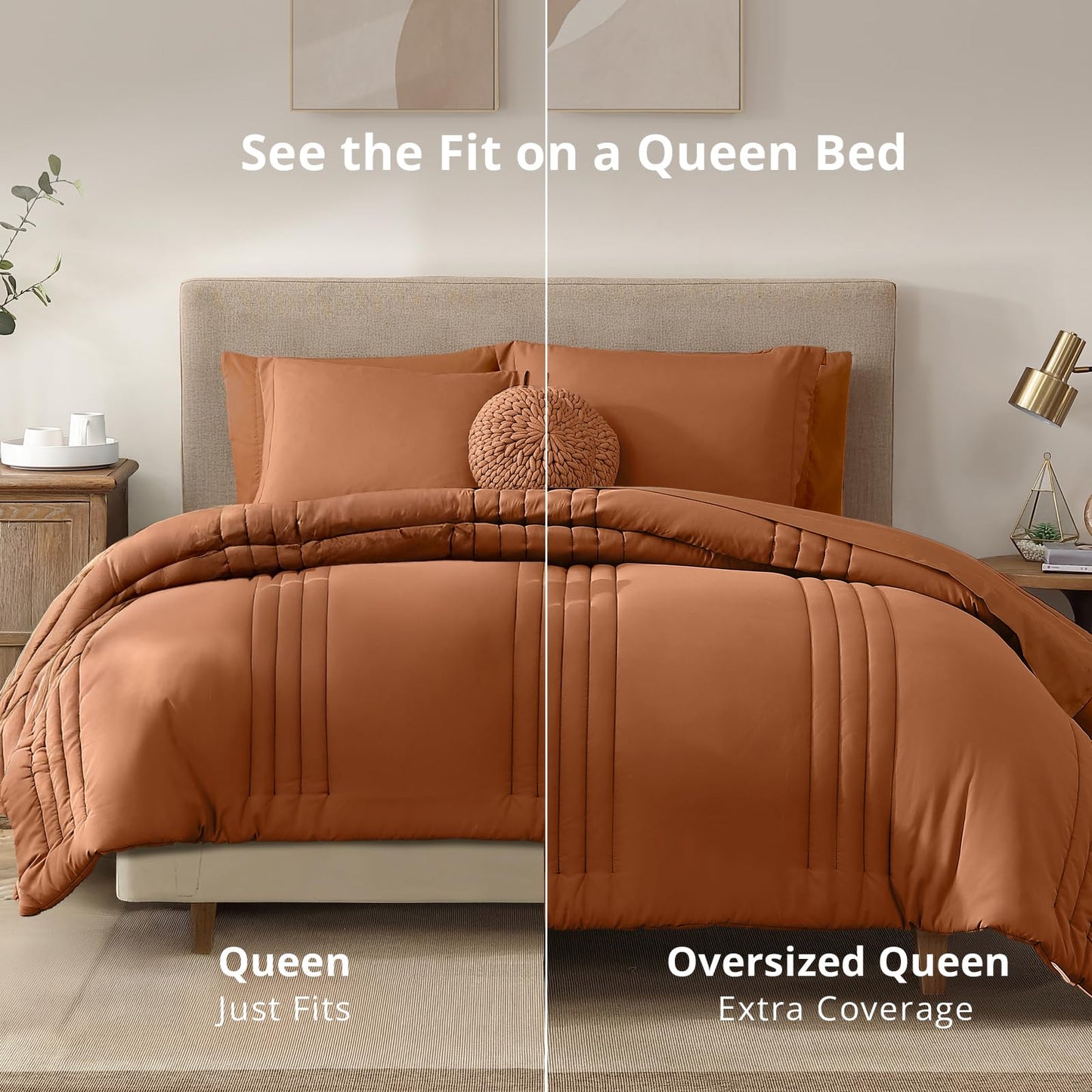 Monbix Queen Comforter Set - 7 Pieces Burnt Orange Bed in a Bag Queen Bedding Sets with Comforters, All Seasons Comforter Bed Set with Sheets, Pillowcases & Shams