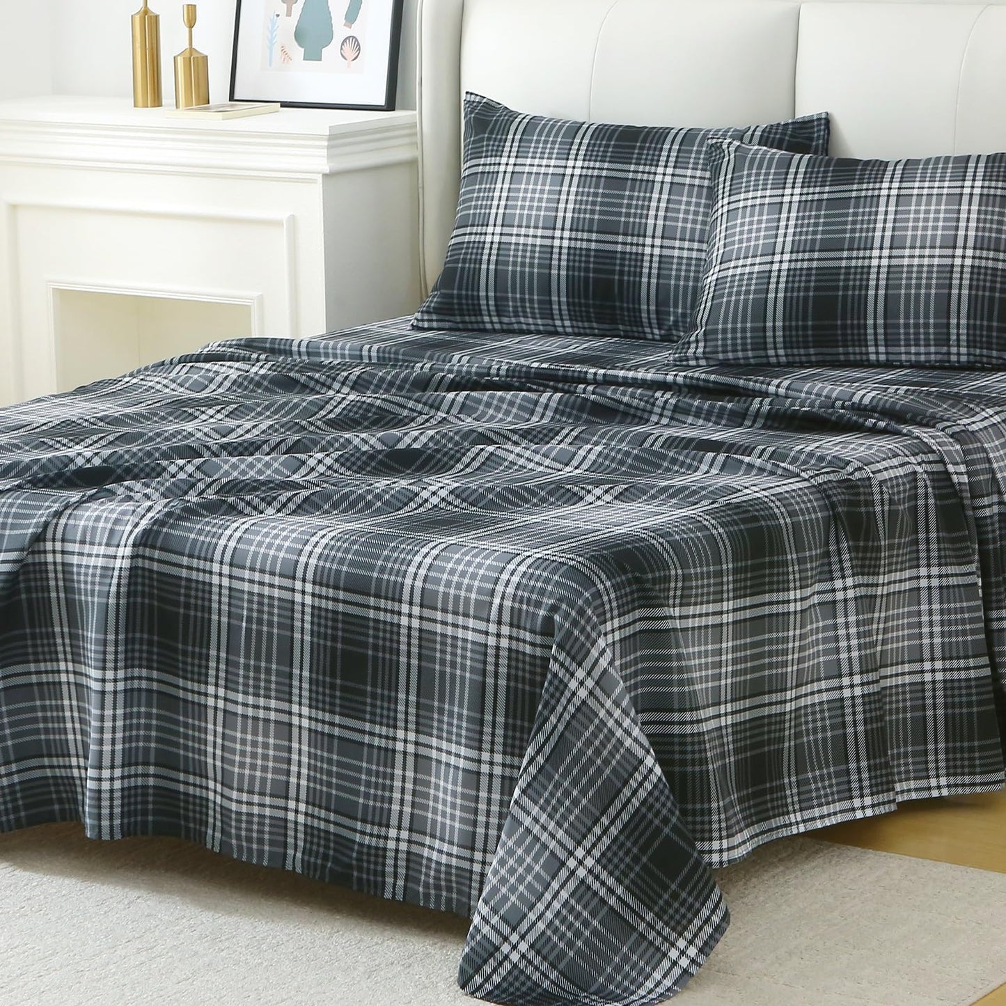 MUXHOMO Queen Size 4 Piece Sheet Set, Soft Breathable Bed Sheet Set for Bedroom with Deep Pocket Up to 16", Wrinkle-Free & Cooling Bedding for Oeko-TEX Certified - Black/White Plaid