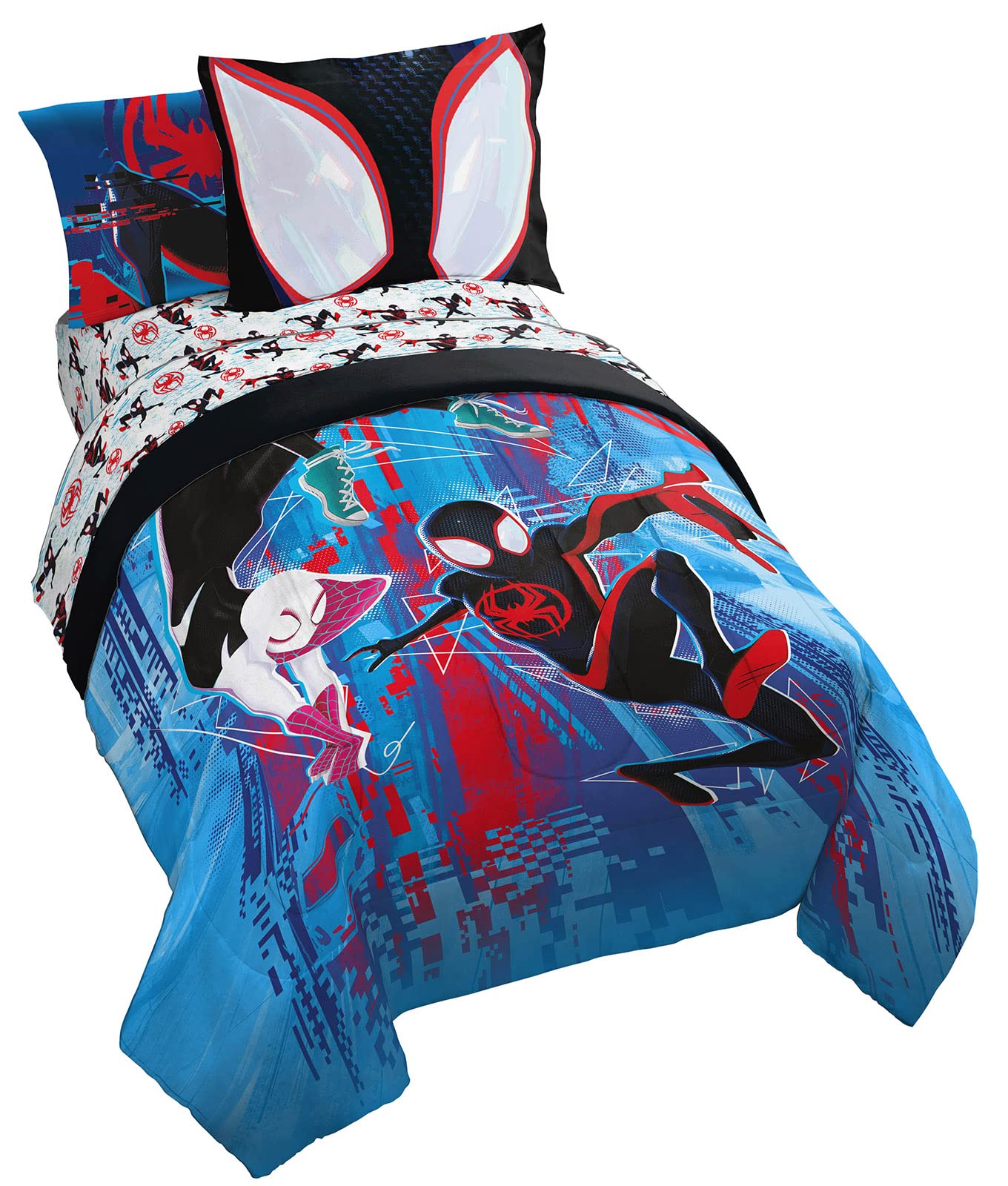 Jay Franco Marvel Spiderman Spider-Verse 5 Piece Twin Comforter Set - Kids Bed in a Bag - Super Soft Fade Resistant Microfiber Machine Washable - Miles Morales & Ghost-Spider (Official Marvel Product)
