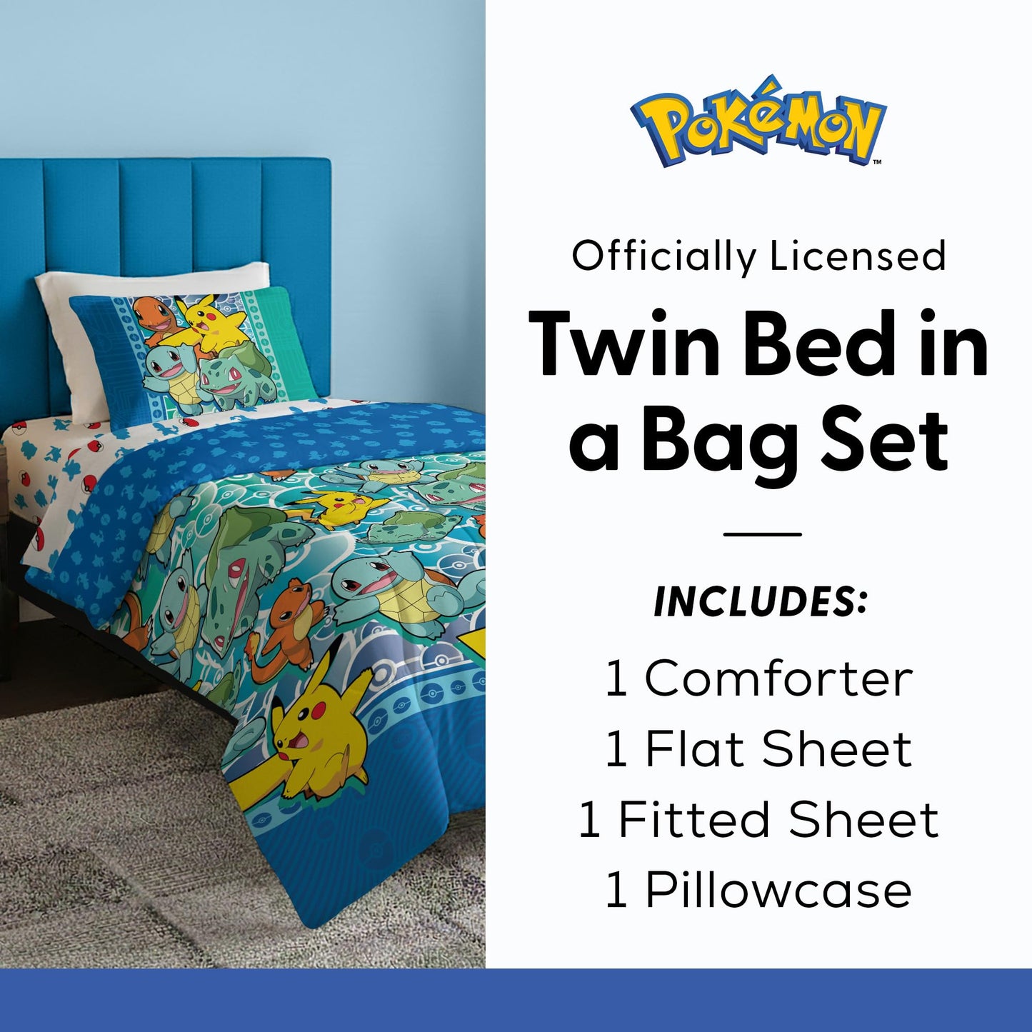 Northwest Pokemon First Starters Twin Size Bed in a Bag Set, Pikachu Charmander Squirtle Bulbasaur, Kids Boys Girls Bedding Comforter Sheets