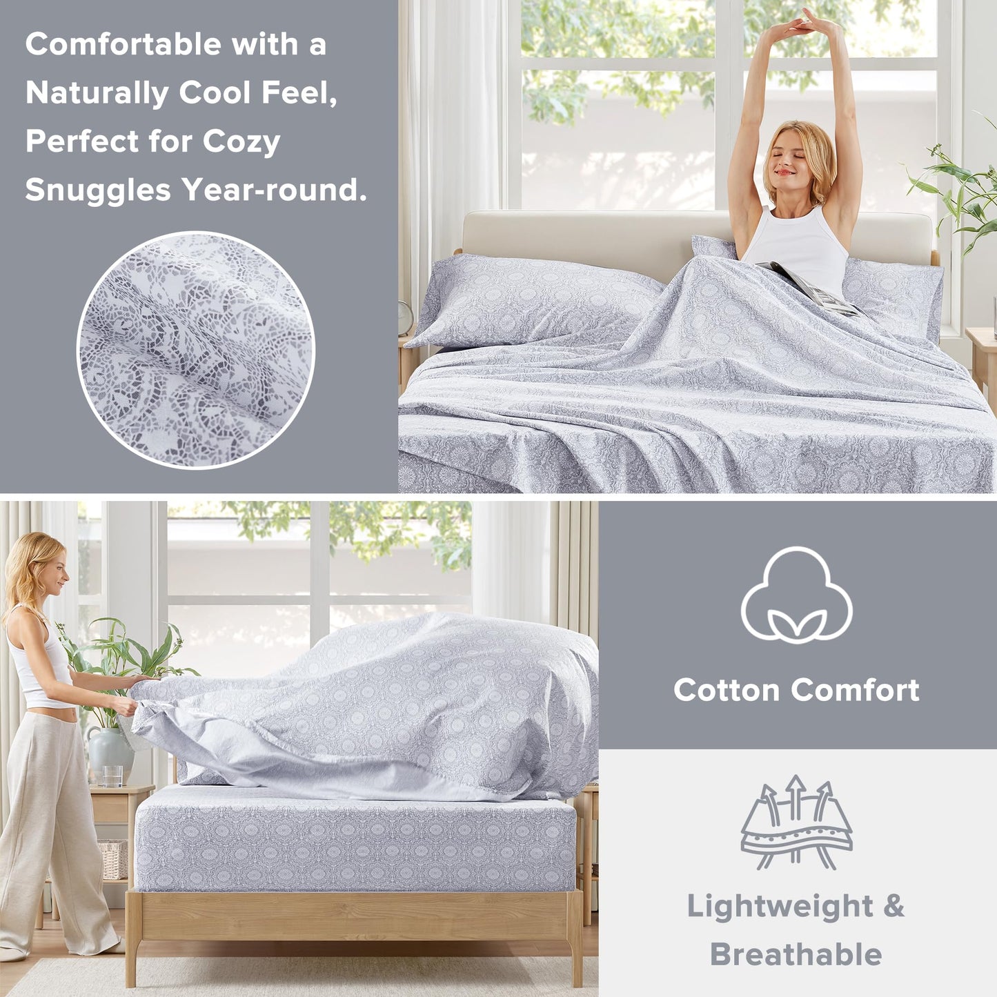 Comfort Spaces 100% Cotton Sheets King, Breathable, Naturally Cool Cotton Sheets, Soft Cotton Bed Sheets with 14" Elastic Pocket Fits up to 16" Mattress, All Seasons Sheet Set, Adelia Gray 4 Piece
