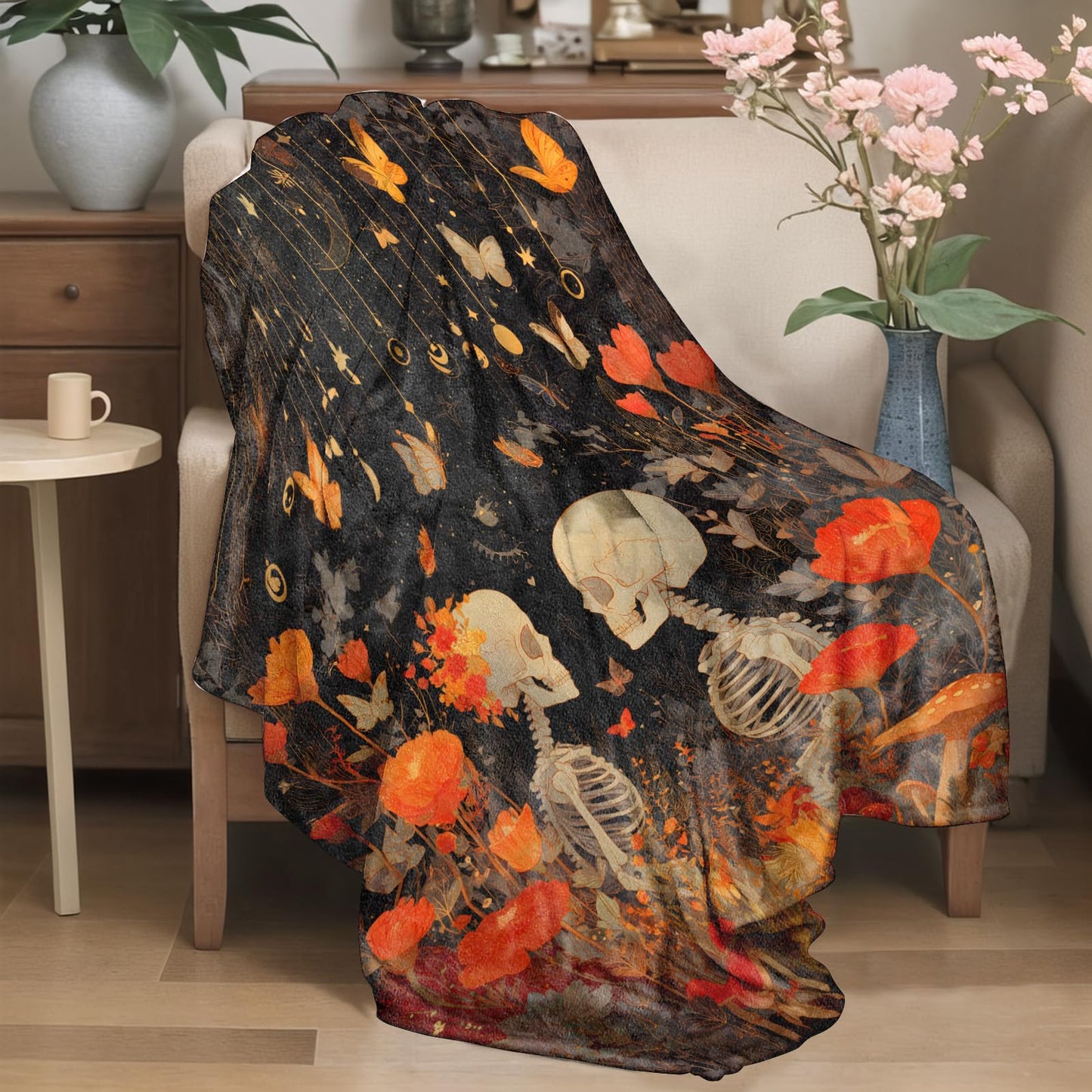 YCUFN Gothic Romantic Skull Flannel Blanket Skeleton and Flower Design Warm Lightweight Throw Blankets for Sofa Picnic Travel and Gathering Decorate All Season Use 50x60in