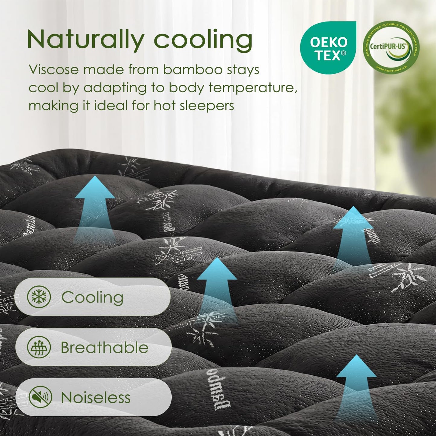 Queen Mattress Topper Viscose Derived from Bamboo, Cooling Thick Pillow Top Mattress Pad with Deep Pocket for 8"-21" Mattress, Soft Breathable Mattress Topper for Back Pain Relief, Black