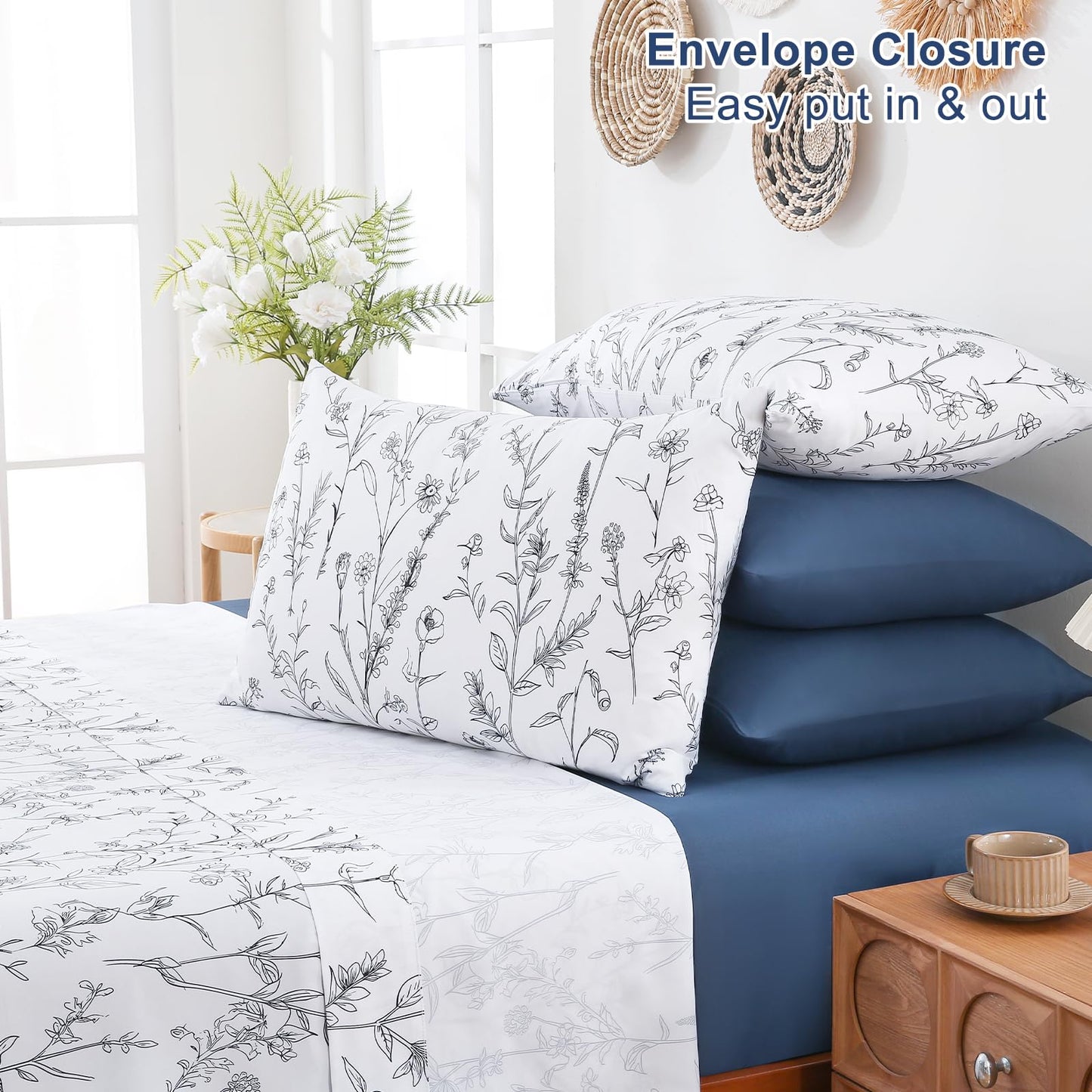 Swiftify Botanical King Size Sheets Set 6-Piece, Boho Floral Brushed Microfiber Sheets, Cooling Bed Sheet Set, Soft & Breathable, 16' Deep Pocket Fitted Sheet & Pillowcase Set, Sketch Meadow