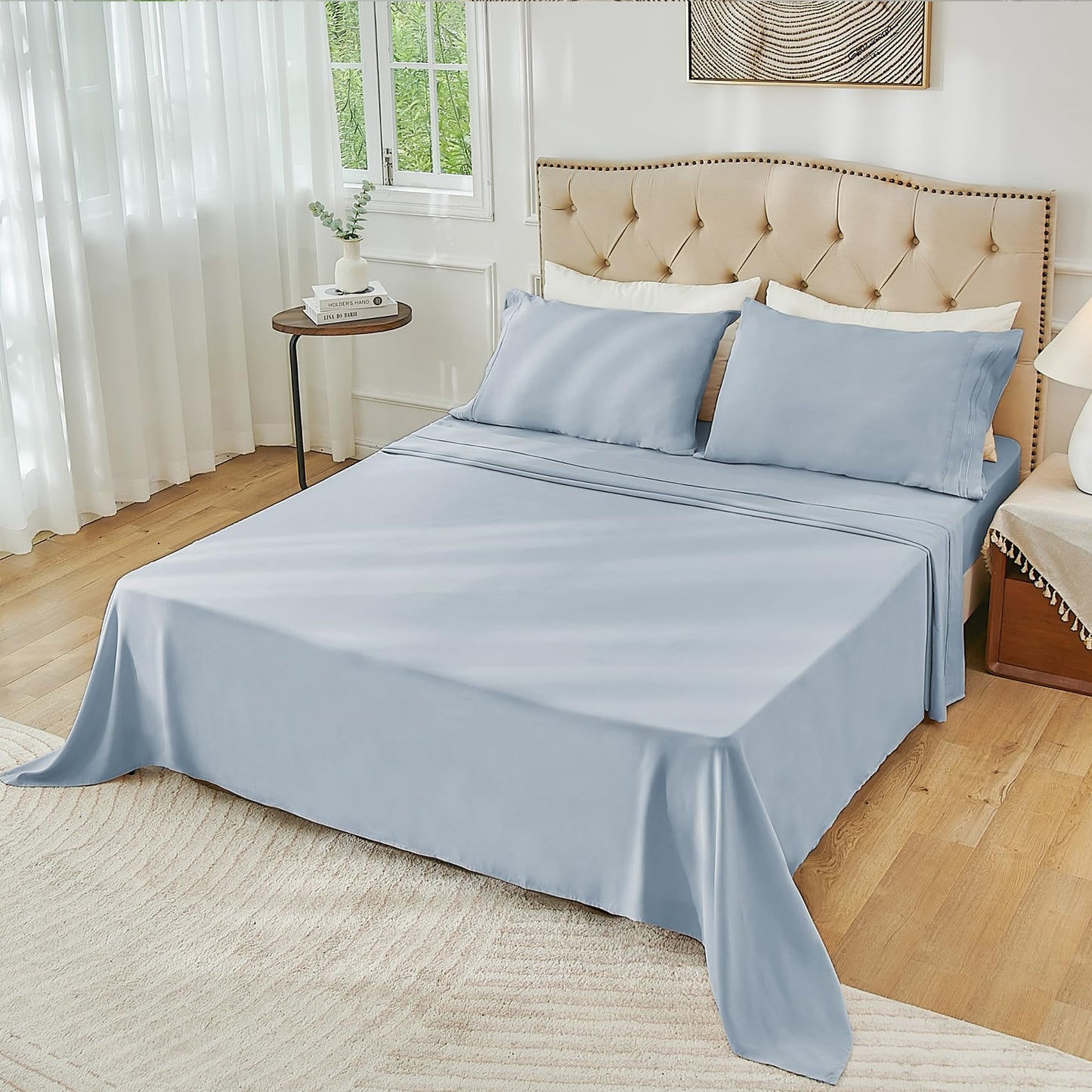 Yibeizi King Size Sheets Set Cooling Deep Pocket Bed Sheet Sets, Light Blue Soft Microfiber Oeko-Tex Hypoallergenic Sheets & Pillowcases Wrinkle Free Bedsheets