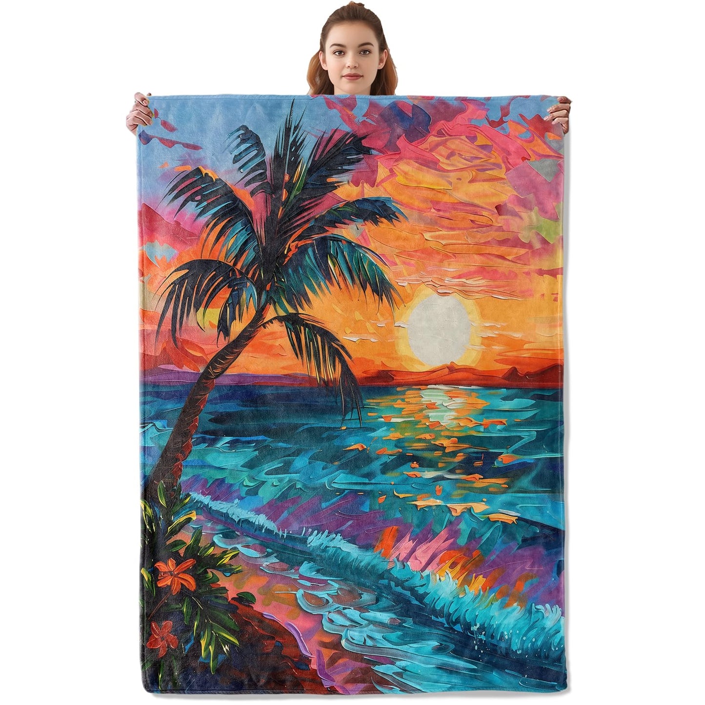 Kibue Sunset Beach Pattern Blanket Warm & Cozy Flannel Throw Blanket - Soft Plush Lightweight Blankets for Travel, Sofa, Bedroom, Office, Home Decor for Adults Kids Women 60"×50"