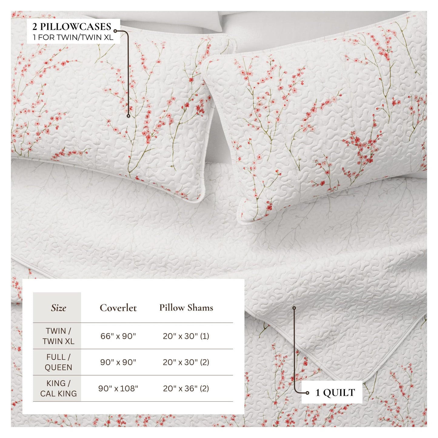 Great Bay Home Floral Quilt Set - 3-Piece King/California King Size Spring Bedding Set - Lightweight, All-Season, Reversible Bedspread (Cherry Blossom).