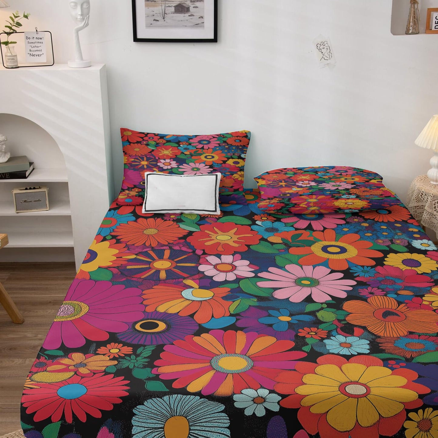 NOGAWA Retro Colorful Floral Sheets Queen, 60s 70s Hippie Bohemian Flower Bed Sheets, Deep Pocket & Soft Microfiber Bedding Sheets & Pillowcases 4 Piece - Fitted Sheet & Flat Sheet & 2 Pillow Cases