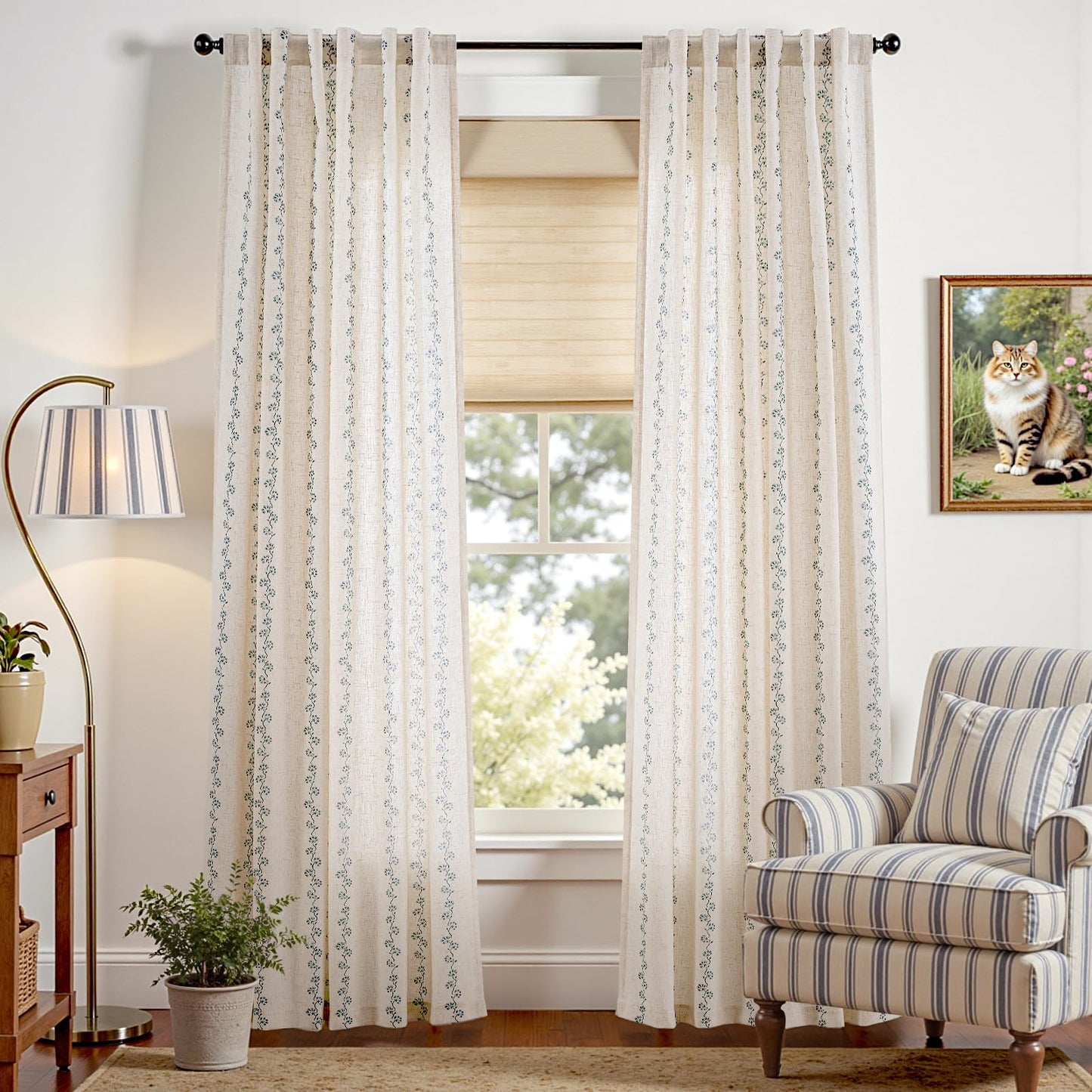Lazzzy Cathy Blue Linen Floral Curtains 84 inches Long Semi Sheer Drapes 2 Panels for Living Room Bedroom Privacy Light Filtering Curtains Rod Pocket Back Tab 50"x84" Blue on Linen