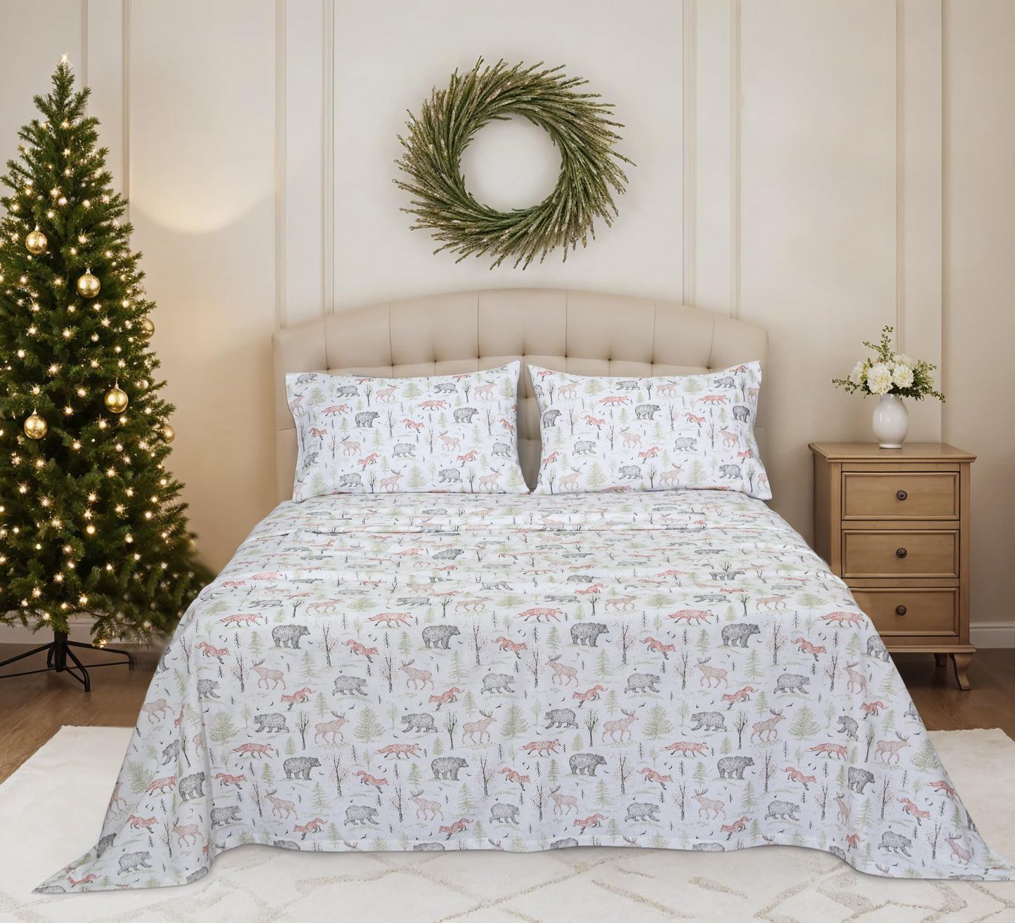 RUVANTI Flannel Sheets Queen Size - 100% Cotton Double Brushed Bed Sheets, Deep Pockets 16 Inches Queen Sheet Set, All Seasons Breathable & Extra Soft - Warm & Cozy, 4 Piece, Wildwood Tapestry