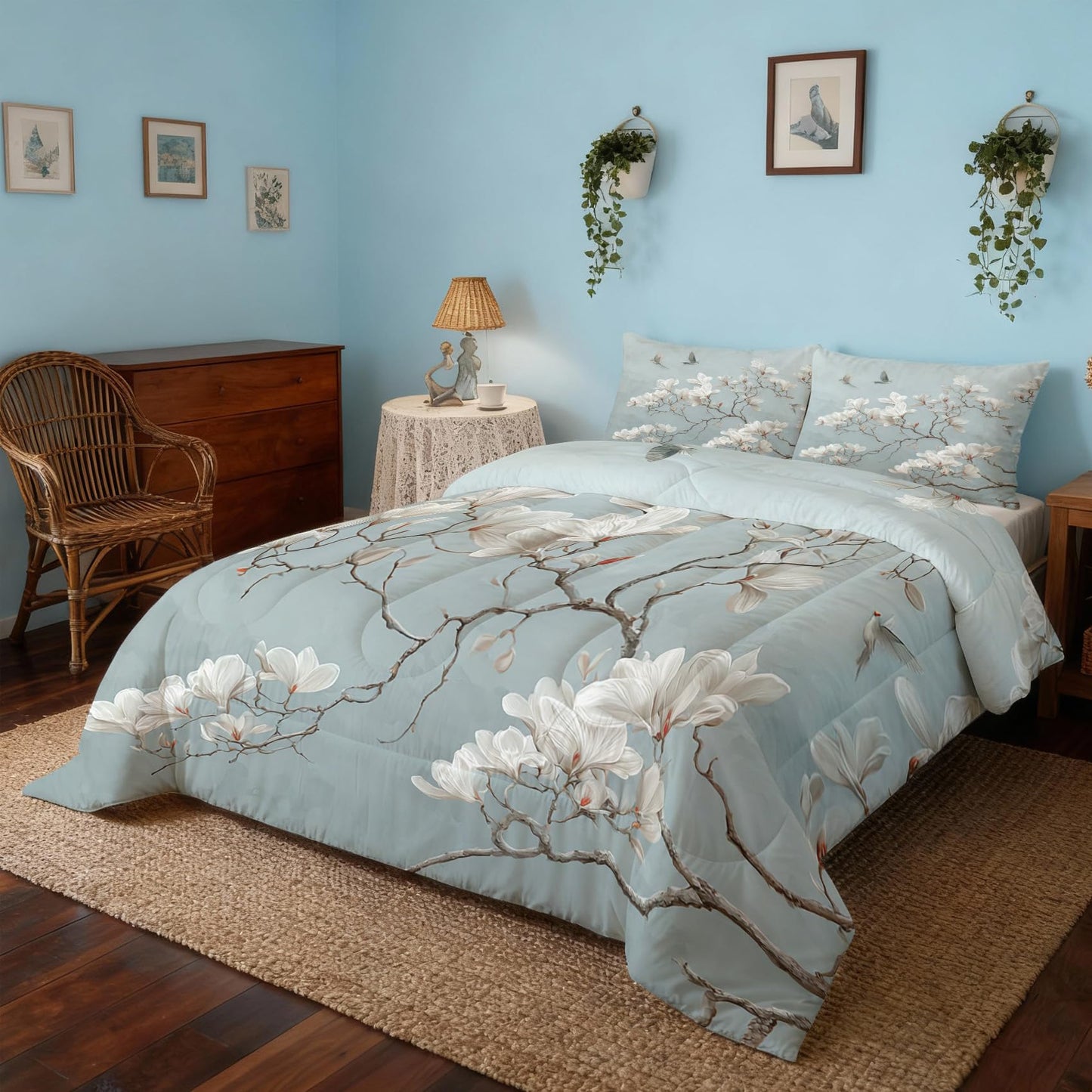 TANCAPRIUM Magnolia Comforter Set Twin - Japanese White Flower Bedding Set & 2 Pilow Cases for All Season - Soft Reversible Down Alternative 3 Piece. Floral Bedrom Decor