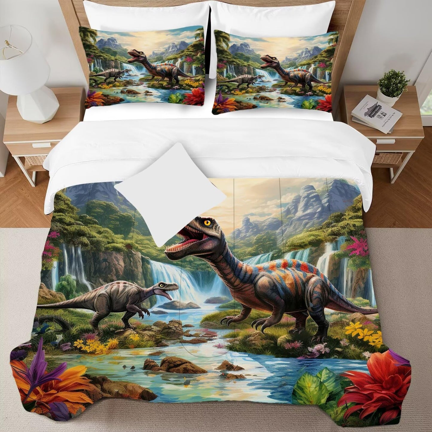 VTKON Kid Queen Dinosaur Comforter Set Easy Care Dinosaur Bedding Set for Boys/Girls Super Soft Microfiber Bed in a Bag Toddler Comforter Sets for Kids Cute Bed Sets with 1 Comforter + 2 Pillowcases