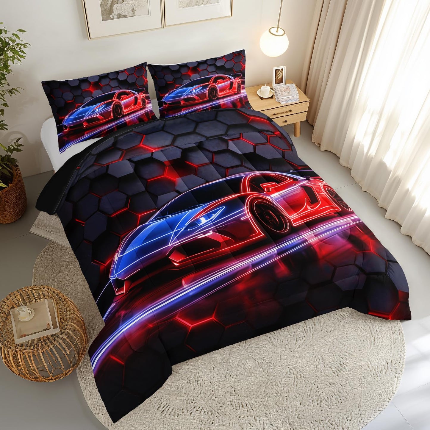 HOSIMA Boys Race Car Queen Bedding Sets,Honeycomb Geometric Background Pattern Cool Extreme Sports Bedding for Kids Men Car Themed Room Decor,Gaming Comforter with 2 Pillowcases.
