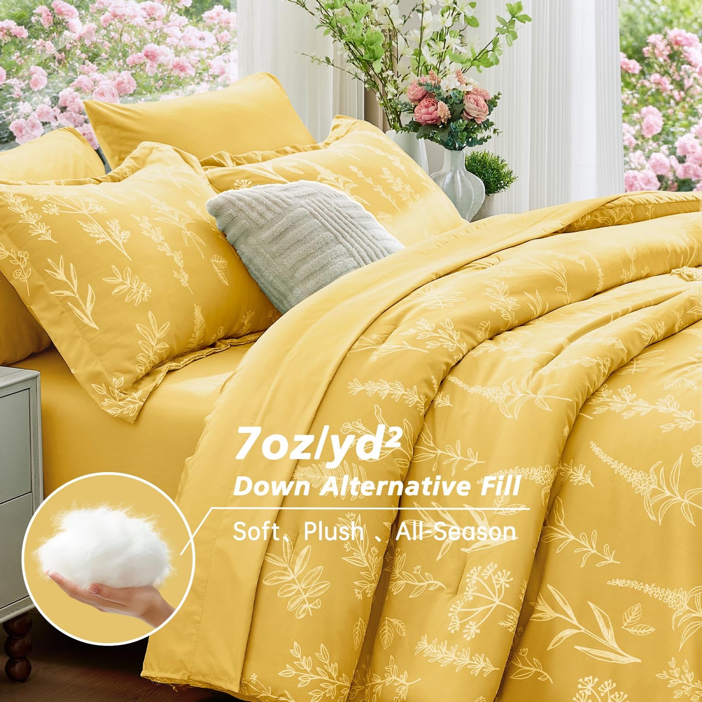 MUXHOMO Bright Yellow Bed in a Bag King 7 Pieces, King Comforter Set Reversible Botanical Flowers Design, Ultra Soft & Breathable Bedding Sets with Comforter, Sheets, Pillowcases & Shams