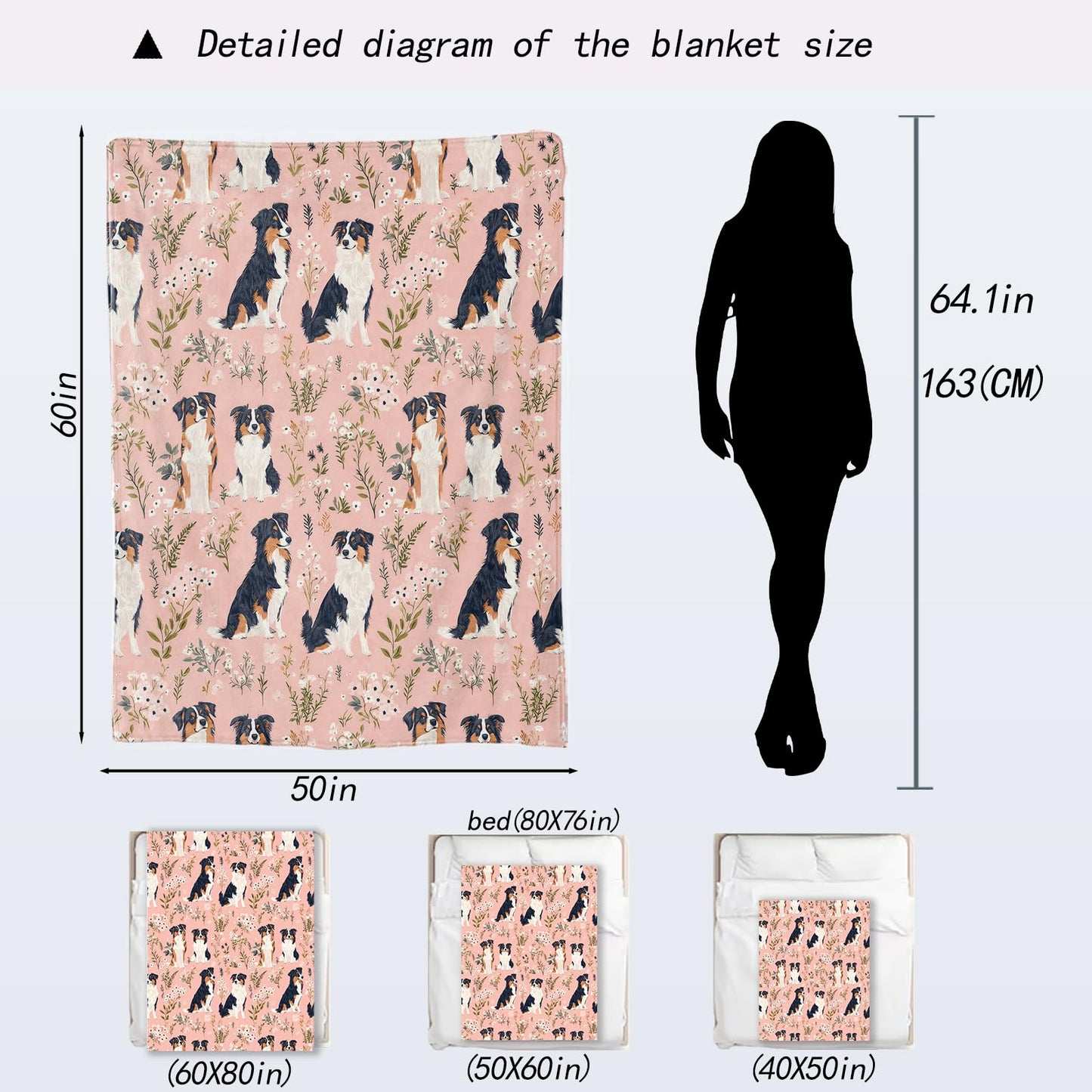 ainori Australian Shepherd Blanket - Cute Dog and Floral Pink Fleece Throw,Gifts for Kids Girls Women, Soft & Warm,Lightweight, for Charming Modern Decor, Dog Lovers, and Room Home Accents 50x60in