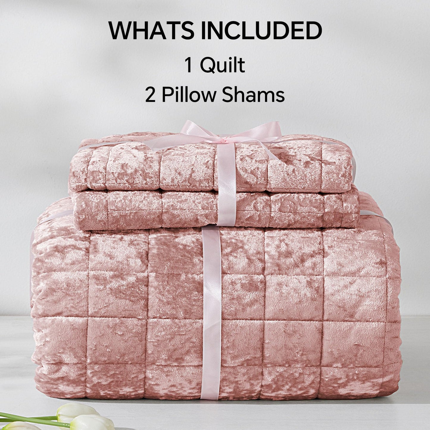 BEDELITE Velvet Quilt Set King Size - Luxury Soft Velvet Comforter Bedding Set for All Season, Lightweight Quilted Box Stitch Oversized Bedspread Coverlet with 2 Matching Shams, Shiny Dusty Pink