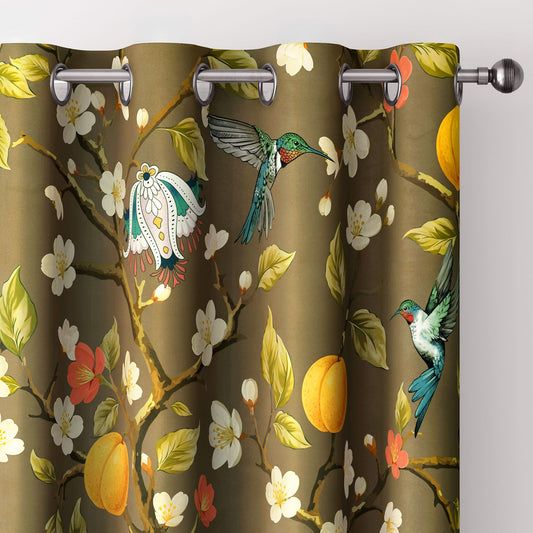 Floral Curtains 100% Blackout, Vintage Hummingbird Black Out Curtain 84 Inches Long, Patterned Thermal Insulated Window Drapes 2 Panels, Grommet Room Darkening Curtains for Living Room Bedroom, Brown