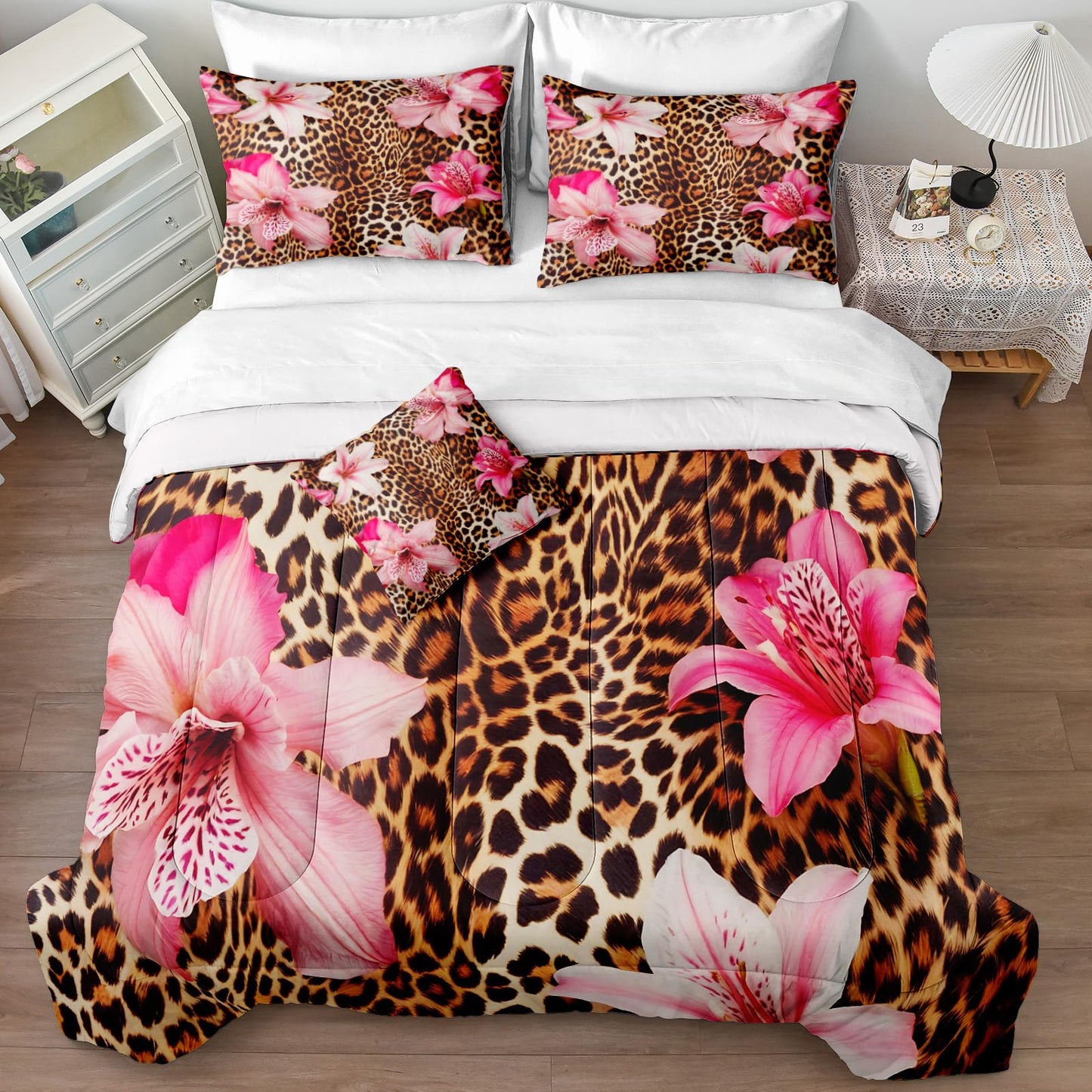 MOVE OVER Leopard Printed Comforter Set King Size 8 Pieces Bed in a Bag Pink Flower and Cheetah Printed Design Luxury Comforter Set with Sheet Set for Bedroom Decor