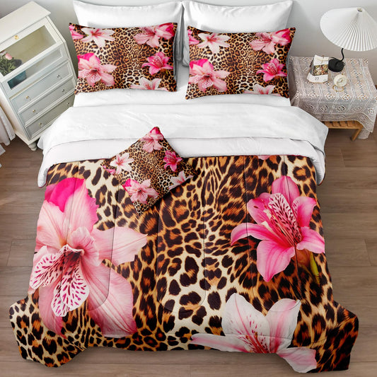 MOVE OVER Leopard Printed Comforter Set King Size 8 Pieces Bed in a Bag Pink Flower and Cheetah Printed Design Luxury Comforter Set with Sheet Set for Bedroom Decor