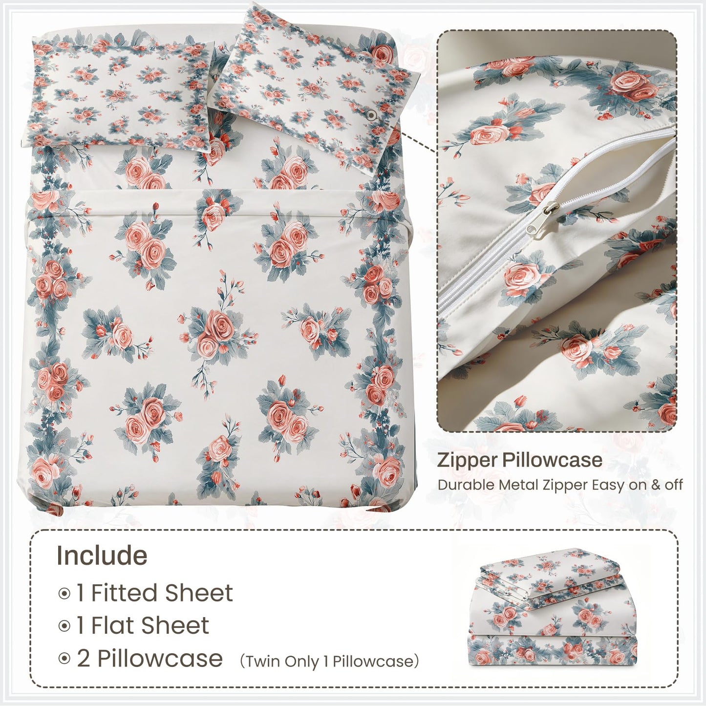 Pink Roses Sheet Set, 4 Pcs Full Size Girls Floral Bed Sheets