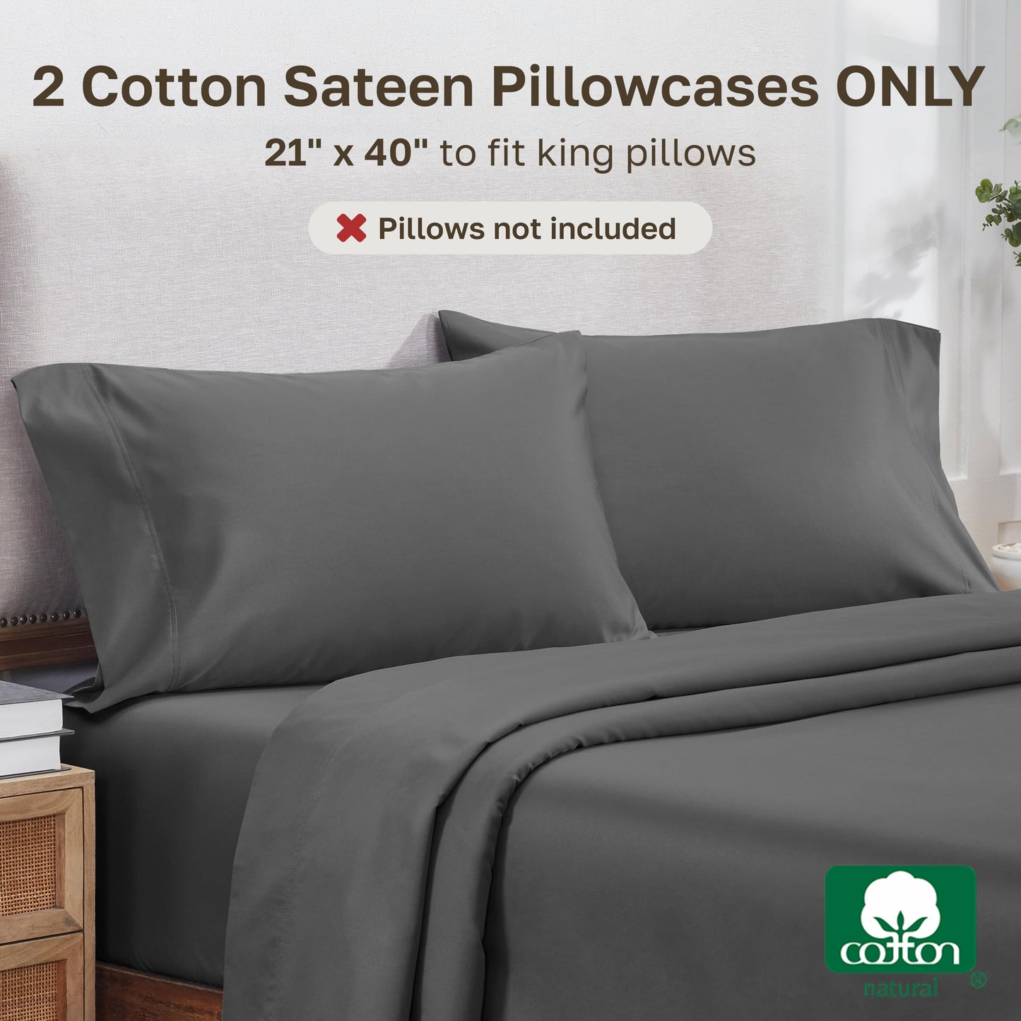 Heirloom Soft, Smooth & Thick Certified 800 Thread Count 100% Cotton Sateen, 2 Pillow Cases King Size, Fits King Pillows (Grey)