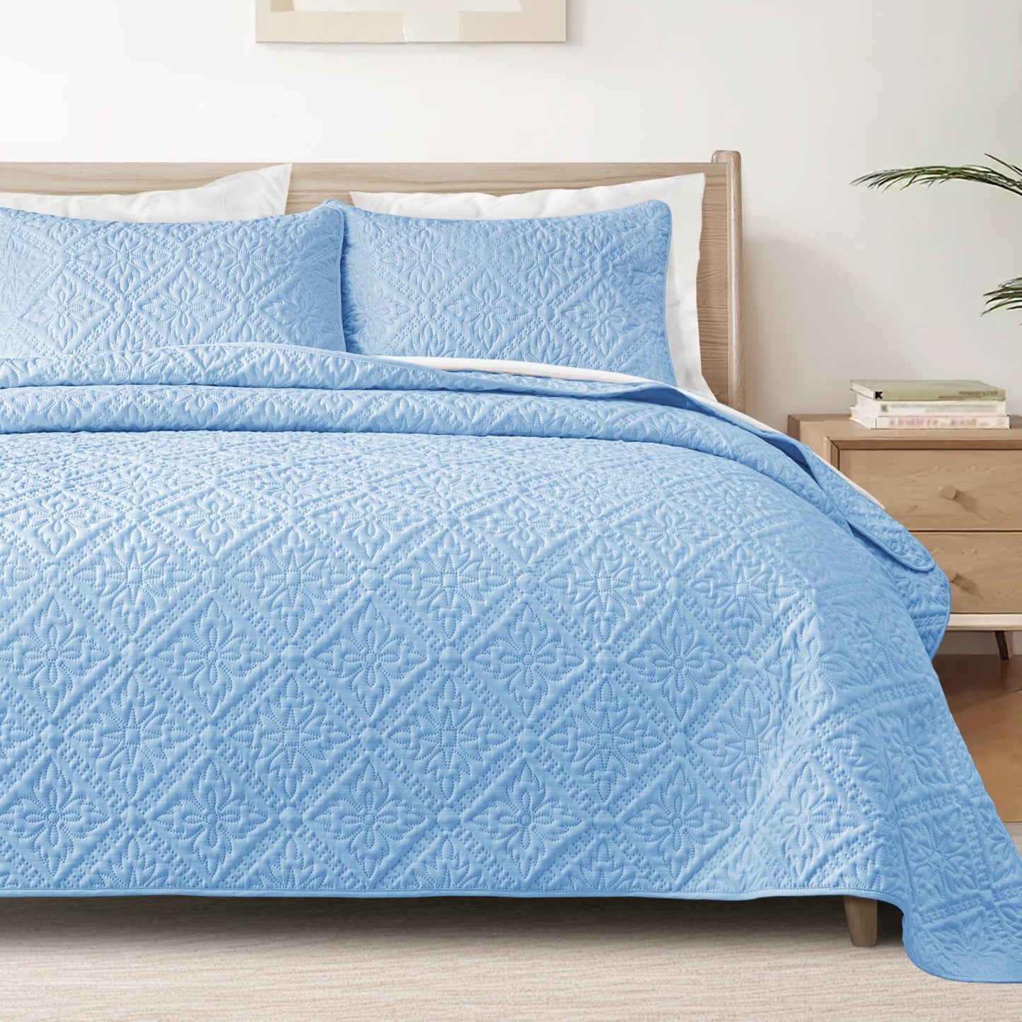 Exclusivo Mezcla King Quilt Bedding Set, Lightweight Soft Bedspreads Coverlets with 2 Pillow Shams, Modern Light Blue Oversized Quilts King Size for All Seasons