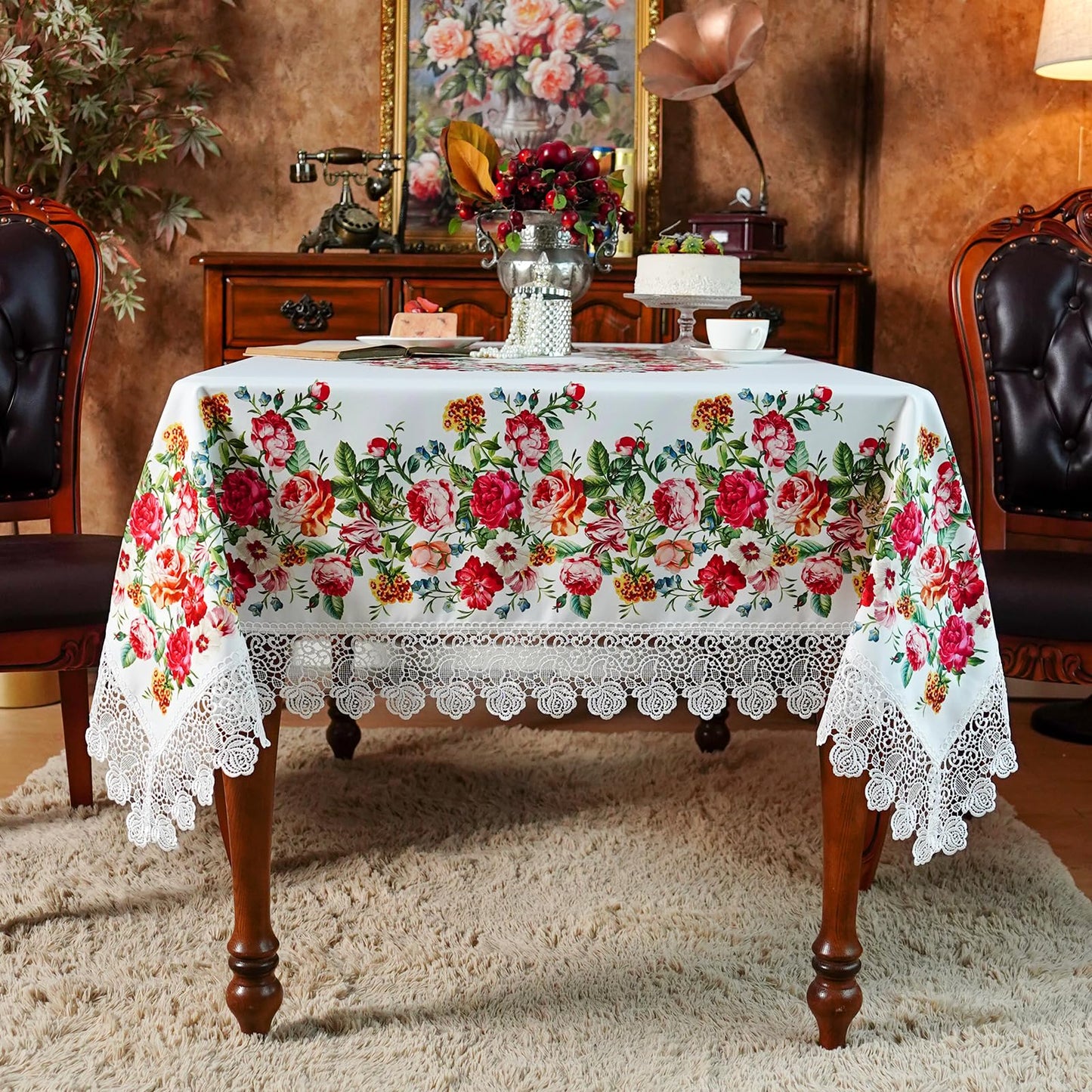 SUTAVIA Floral Lace Tablecloths Waterproof Rectangle Table Cloth Farmhouse Washable Table Cover for Home Holiday Thanksgiving Christmas Party Dining Table (White, 60"x104")