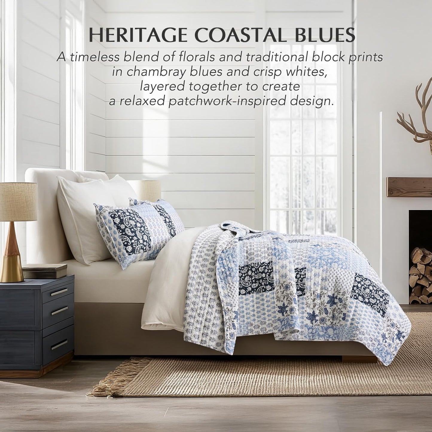 EverGrace Cotton Quilt Set King Size,100% Cotton Reversible Lightweight Bedspread Coverlet, Printed Patchwork Farmhouse Bedding, Traditional Block Print Quilt with 2 Pillow Shams,Coastal Blue 110"×92"