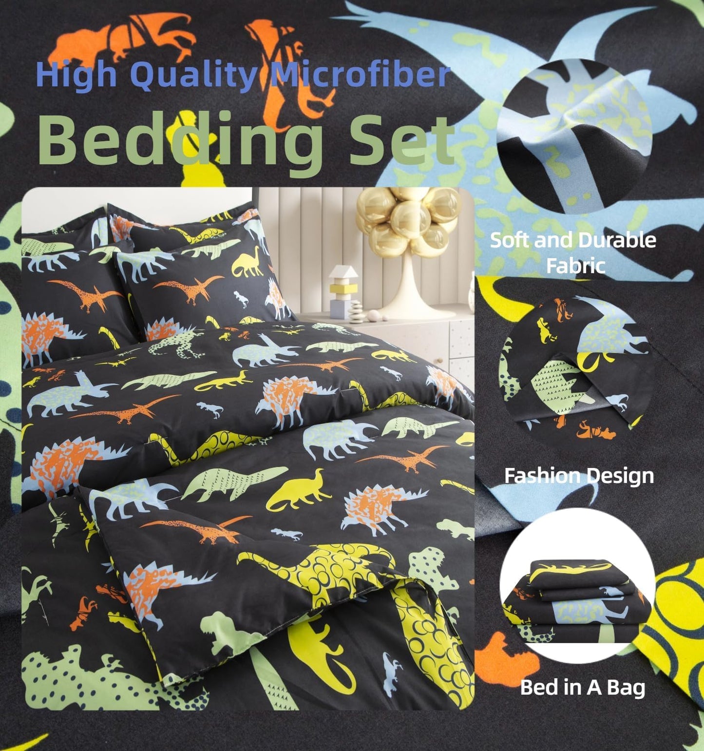 SDY 7PCS Twin Dinosaur Bedding Set，Soft Dino Bedding for Kids,Boys and Girls with Dinosaur 1Comforter 1FittedSheet 1FlatSheet 2Pillowcases 2PillowShams
