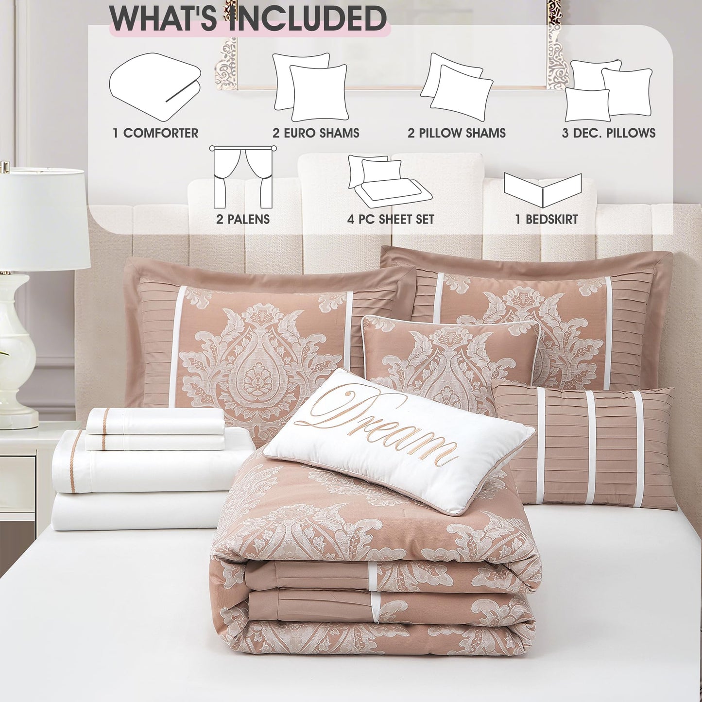 LANCO MODERN LIFESTYLE Blush King Size Comforter Set, 15 Pieces, Damask Jacquard Woven, Bedding Set with Sheets, Room in a Bag, Comforter, Bed Skirt, Pillow Shams and Decor Pillows, Curtains