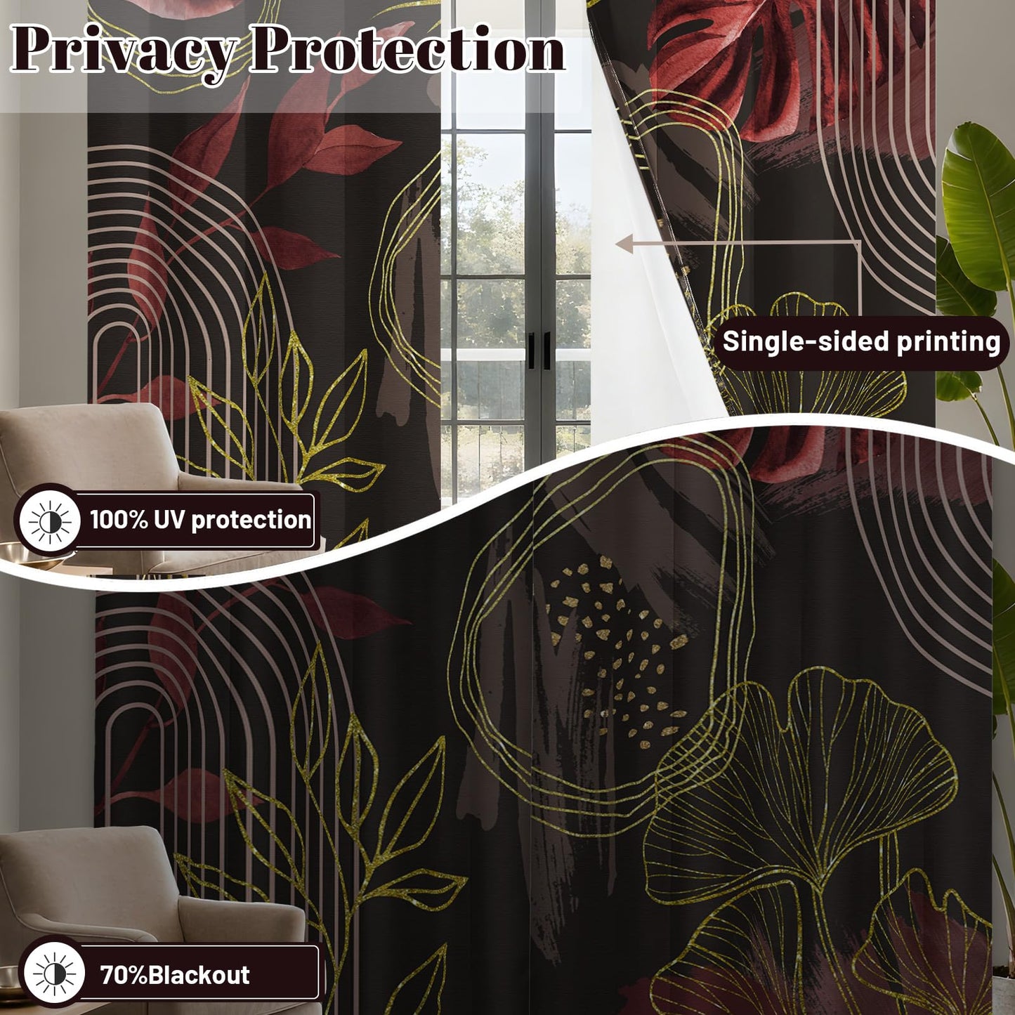 soeeao Boho Dark Brown and Gold Leaf Blackout Curtains, Bohemian Mid Century Modern Chocolate Brown Palm Window Drapes for Bedroom Living Room, 63 inch Length 2 Panels Set, 52x63 inch